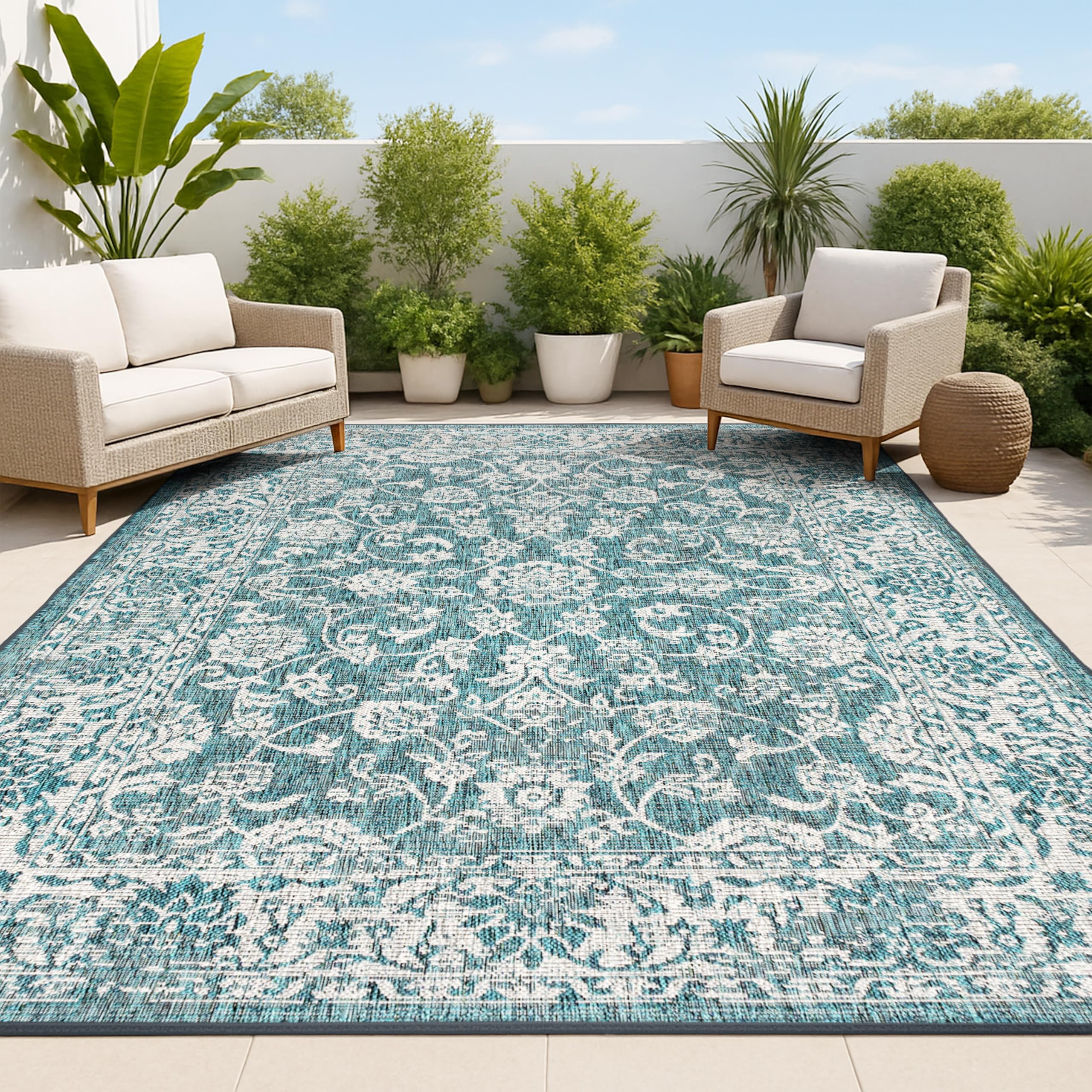 JONATHAN Y Weave Floral Indoor Outdoor Area Rug 10X14 Teal/Gray, Tela Bohemian Textured for Backyard, Patio, Porch, Easy-Cleaning, High Traffic, Pet-Friendly, Non-Shedding (SMB100C-14) Image