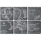 LOTR Middle Earth Map Coasters Set of 6 - Fantasy Slate Drink Coasters with Inspired Engraved Design Gift Set - Unique Barware & Home Decor for Lord of The Rings Fans Gifts, Coffee Table Protection