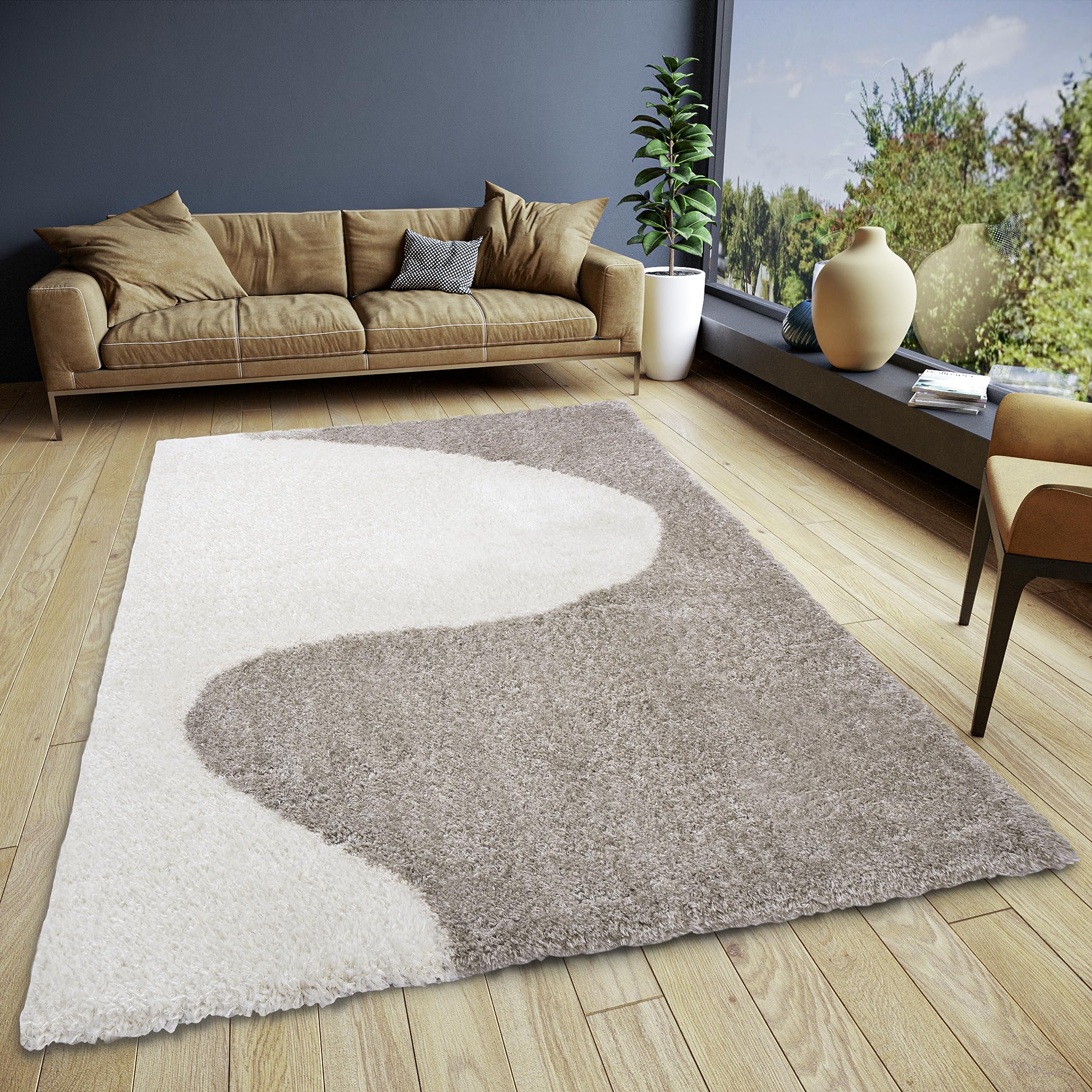 Elle Decoration Alice Deep-Pile Rug - Living Room Rug Design Long Pile Shaggy Two-Tone Modern Pattern Fluffy Soft for Living Room, Bedroom, Teenagers' Room - Cream Grey, 80 x 150 cm