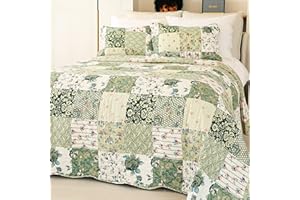 Cmfshape Summer Floral Queen Quilted Bedspread,Romantic Green Quilt Set,Reversible Stitched Bedding Cover All Season,Soft Lightweight Coverlet with Pillow Cases (Green&White, Queen90 x90)