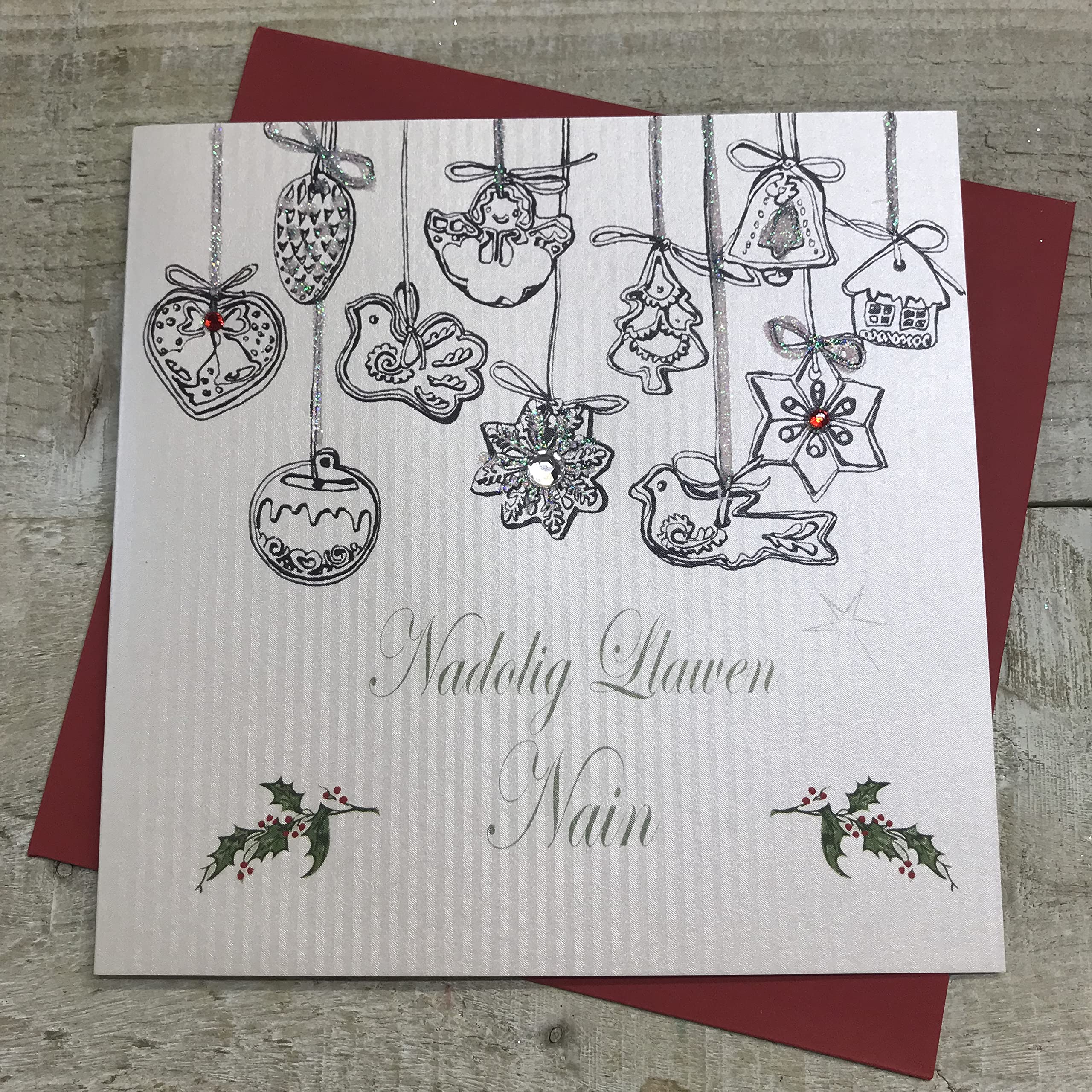 WHITE COTTON CARDS Nagolig Llawen Nain, Handmade Welsh Christmas Card (Code EX76-N)