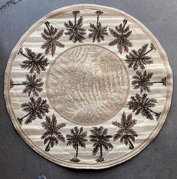 Modern Round Area Rug Tropical Palm Tree Ivory Green Beige