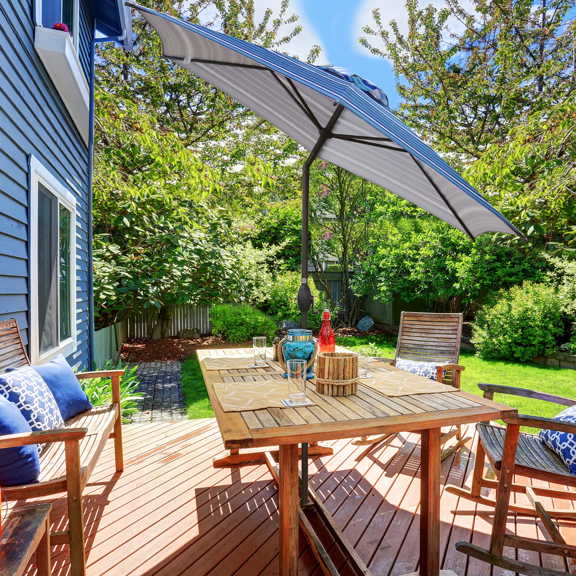 Mua Abba Patio 9ft Striped Patio Umbrella Outdoor Umbrella Patio Market Table Umbrella With Push Button Tilt And Crank For Garden Lawn Deck Backyard Pool Blue Stripe Tren Amazon Má»¹ Chinh Hang