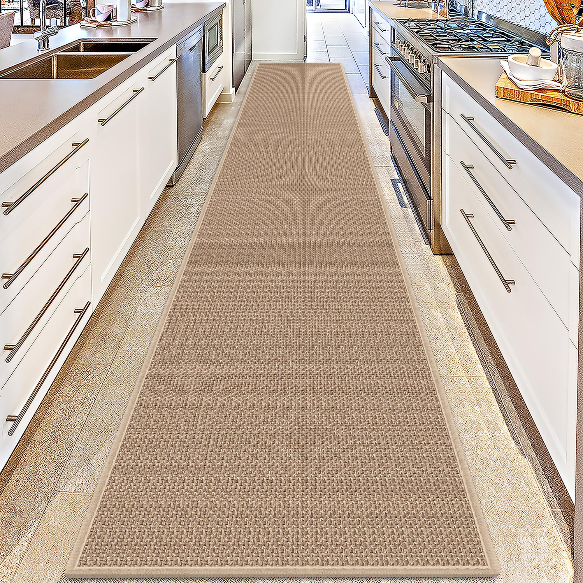 Photo 1 of 15ft Natural Jute Hallway Runner Rug Non Slip Washable, Rubber Backed Long Khaki Indoor Entryway Runner, Absorbent Kitchen Carpet Sink Rug