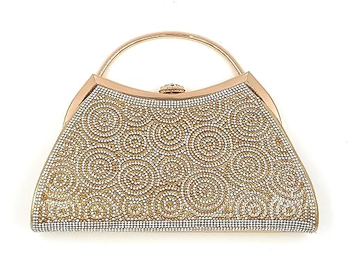 Premium Clutch With Round Pattern Of Diamond And Gold ~ Adjustable Shoulder Chain, Snap Closure & Smooth Inner Satin.