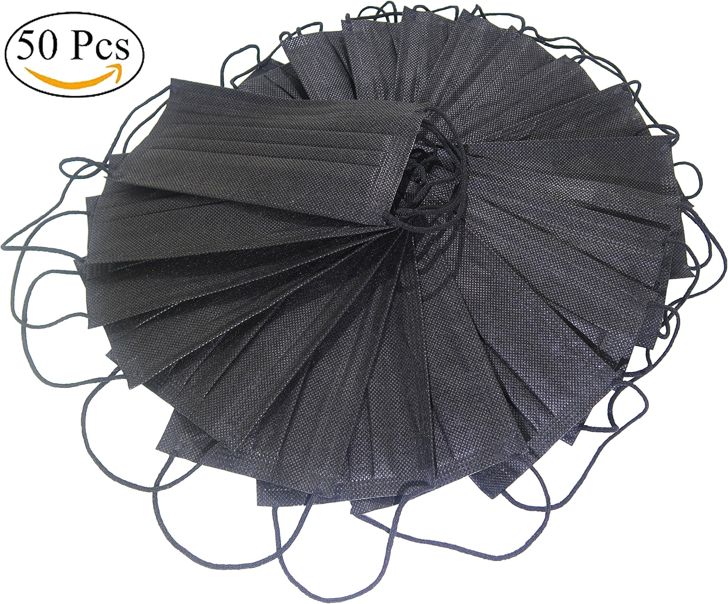 50 PCS Disposable Surgical Medical Dental Procedure Mouth FACE Masks 3-PLY Activated Carbon Cotton Filter Allergy FLU DUST Pollen Germs Bacteria (Midnight Black)