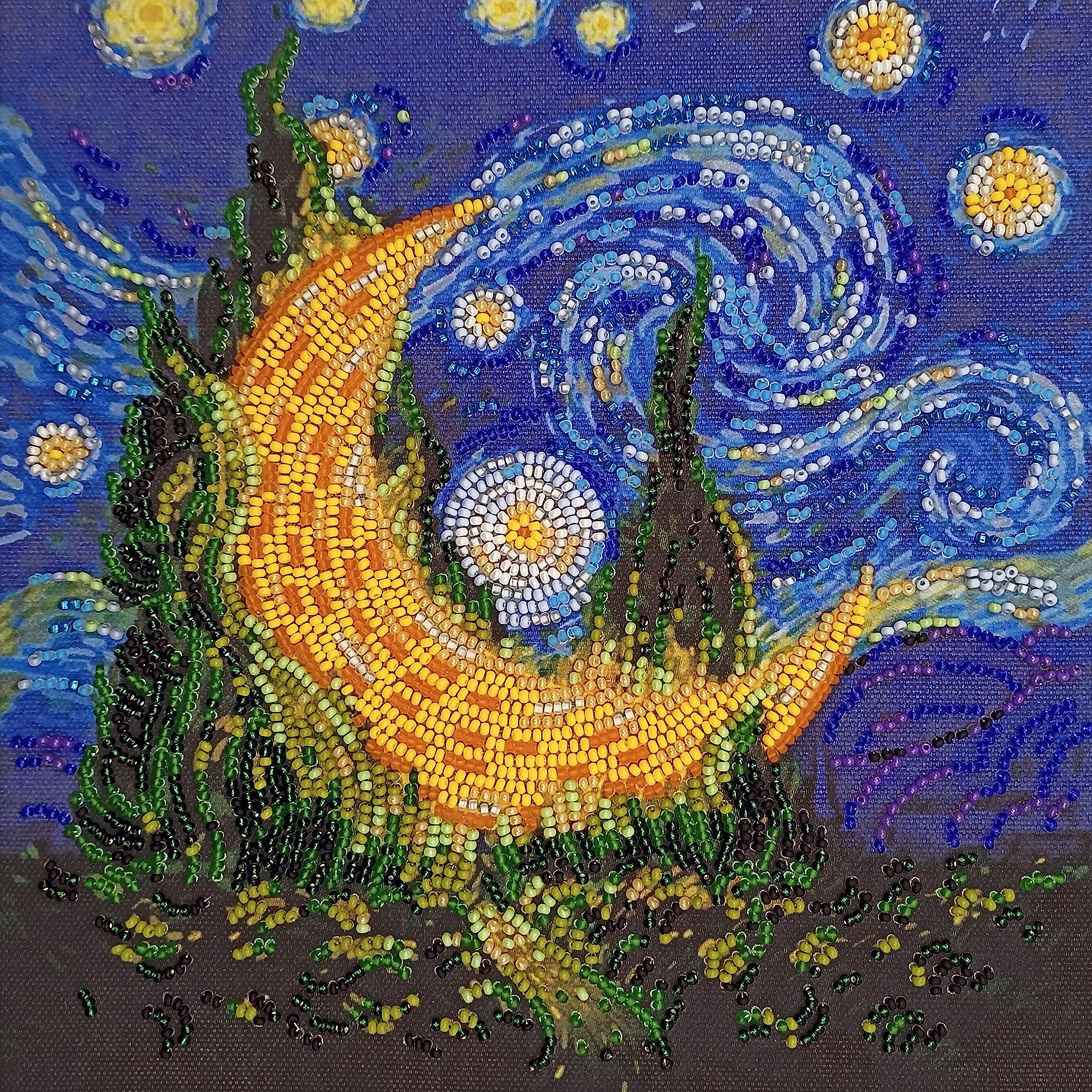 Bead Embroidery Kit Cypress moon. DIY Beadwork Craft Kit for Beginners. Hand Made Beading kit from Abris Art, Ukraine. Stylish needlework set, needlepoint pattern colorful moon Van Gogh decor wall art