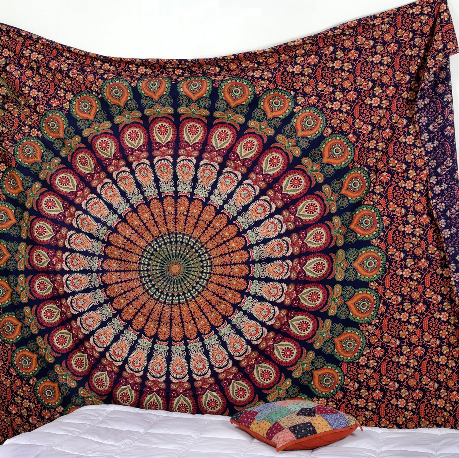 Tapestries - Popular Handicrafts Tapestry Wall Hanging Hippie Mandala Bohemian Hippy Intricate Indian Tapestries Bedspread 84x90 Inches (215cm x 230cm) Blue Orange