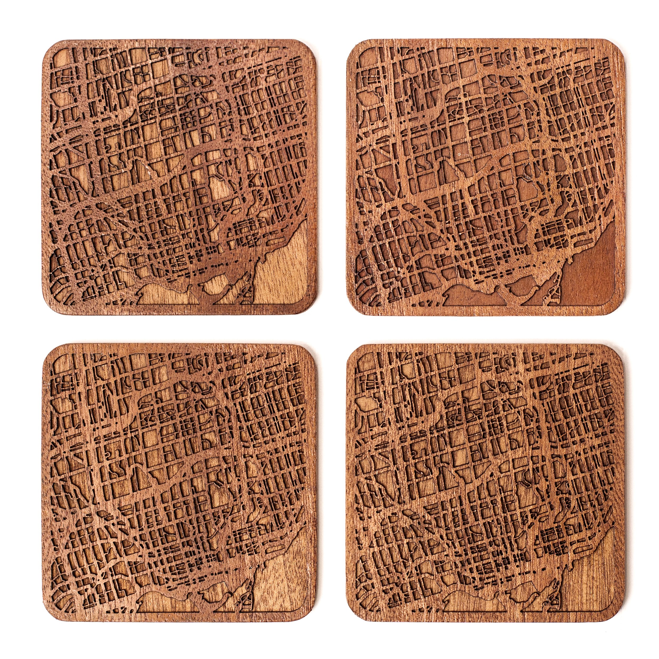 Toronto Map Coaster, Set of 4, Sapele Wooden Coaster with City Map, Handmade