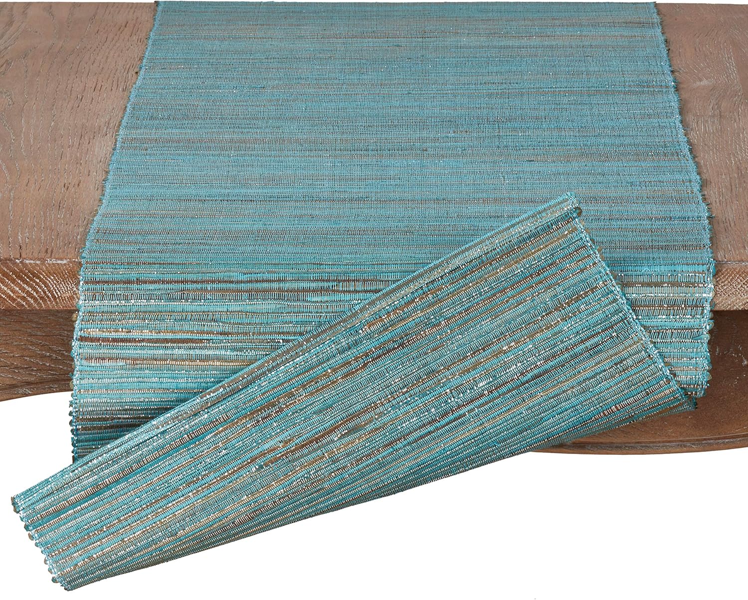 SARO LIFESTYLE Melaya Collection Shimmering Woven Nubby Water Hyacinth Table Runner, 14" x 90", Turquoise: Kitchen & Dining