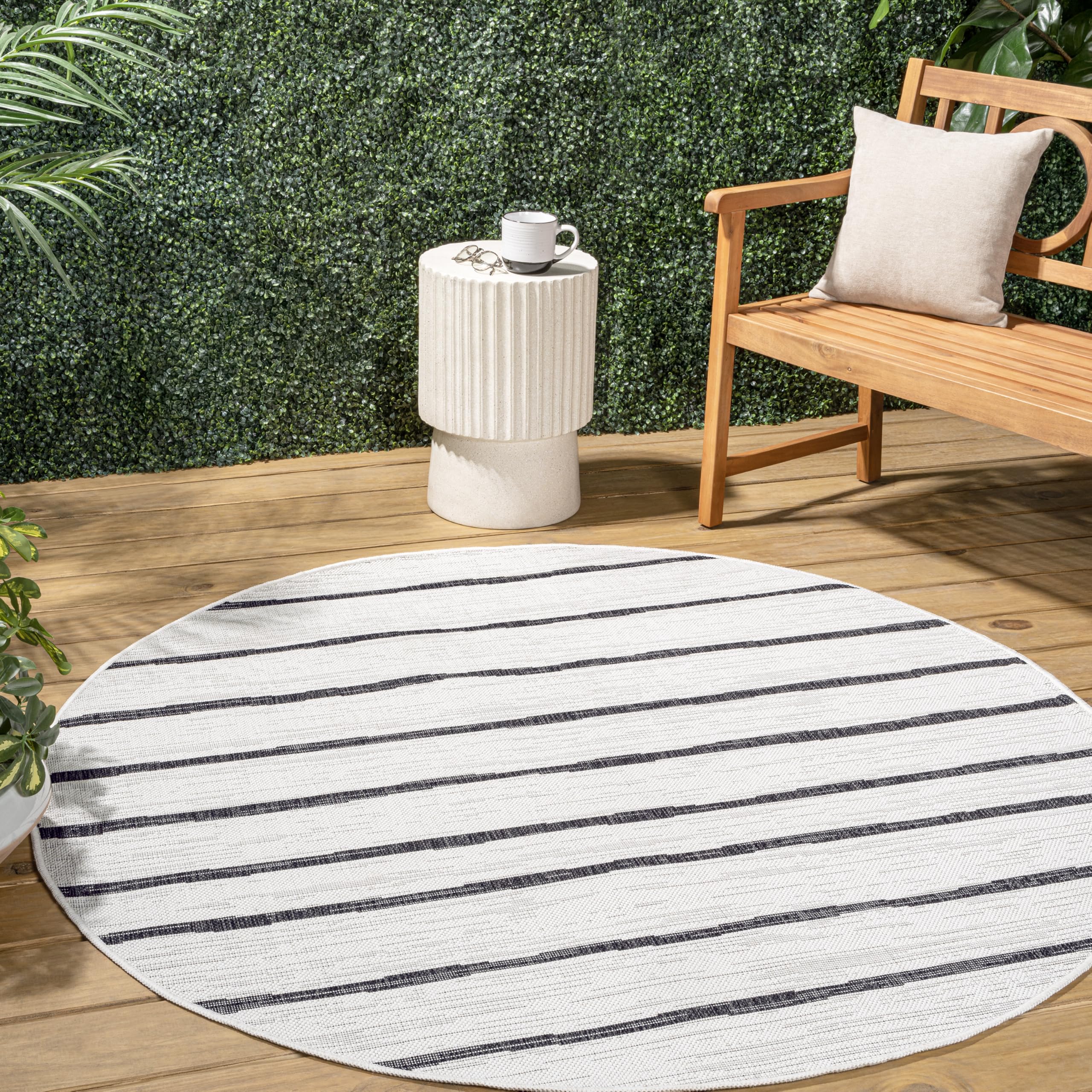 JONATHAN Y Berber Stripe Indoor Outdoor Round Area Rug 8 Ft Ivory/Black, Colonia for Backyard, Patio, Porch, Easy-Cleaning, High Traffic, Pet-Friendly, Non-Shedding (SMB125D-8R) Image