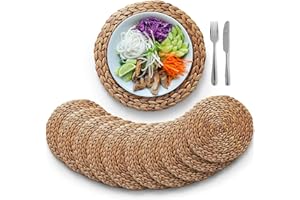 (Sizes:11.8"-13.5''-15") BLUEWEST Woven Placemats (Set of 10), Round Placemats Rattan Placemats, Wicker Water Hyacinth Placemats, Braided Placemat Set, Heat Resistant/Durable for Plate (11.8'',Set 10)