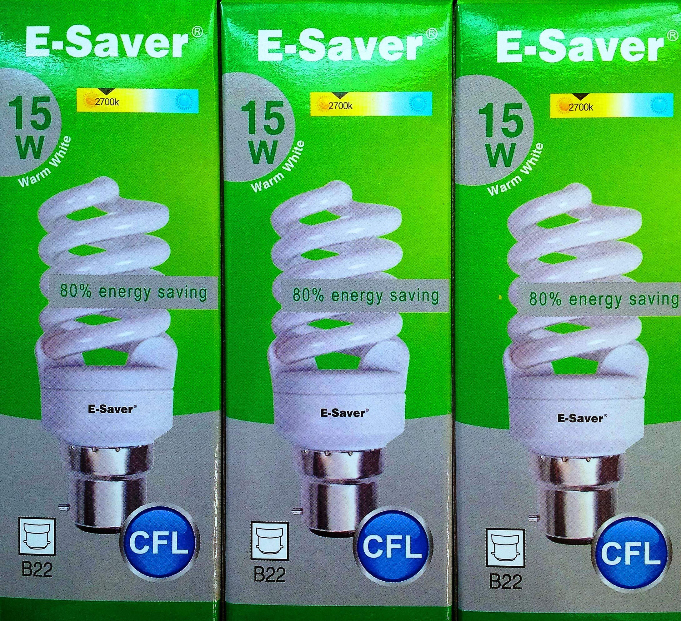 E-Saver - CFL Full Spiral - Energy Saving Light Bulbs - 15w = 80 Watt - (Pack of 3) - 2700k Warm White Light Bulbs - Bayonet Light Bulb (BC- B22- B22d)