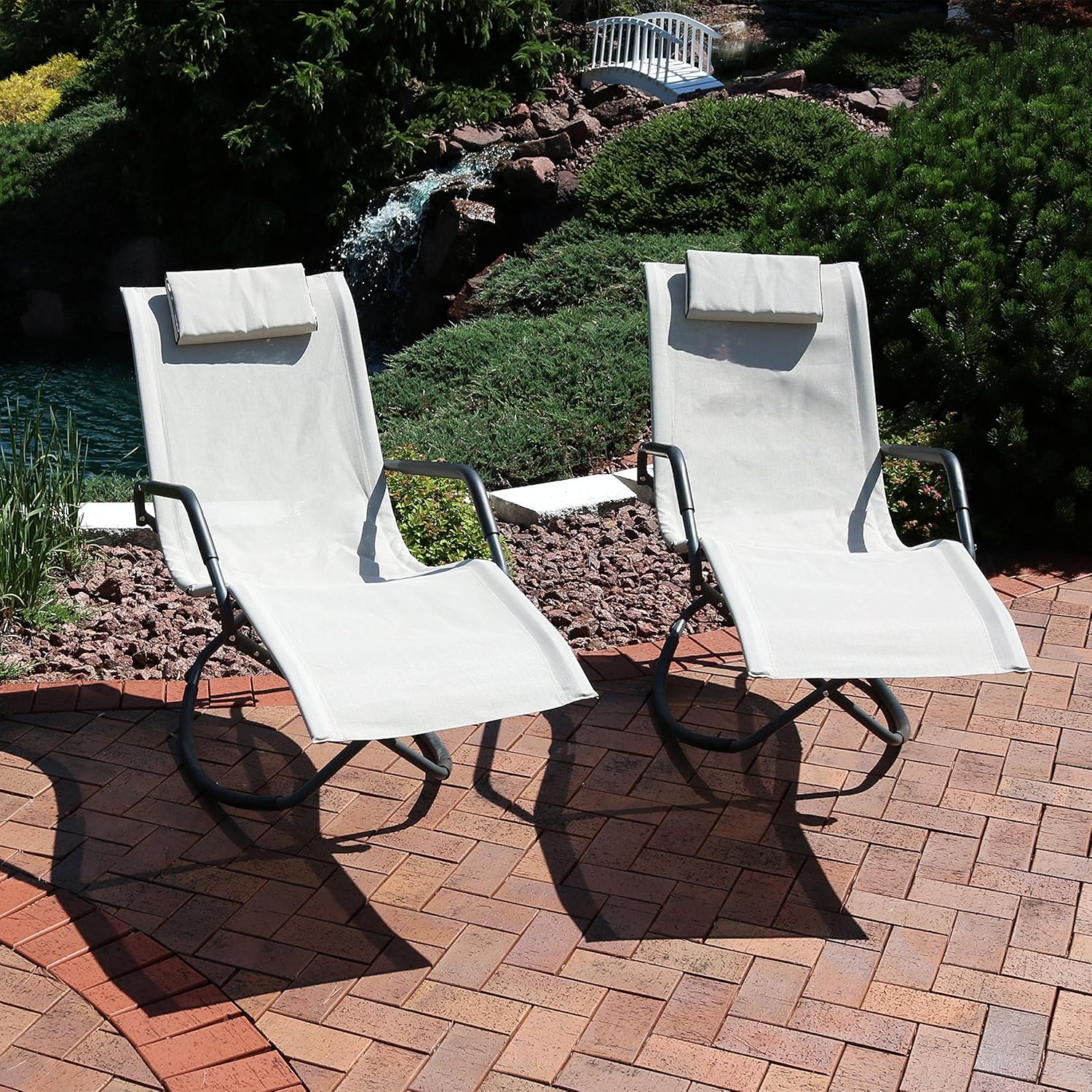 Sunnydaze Rocking Chaise Lounge Chair with Headrest Pillow, Outdoor Folding Patio Lounger, Beige, Set of 2: Kitchen & Dining