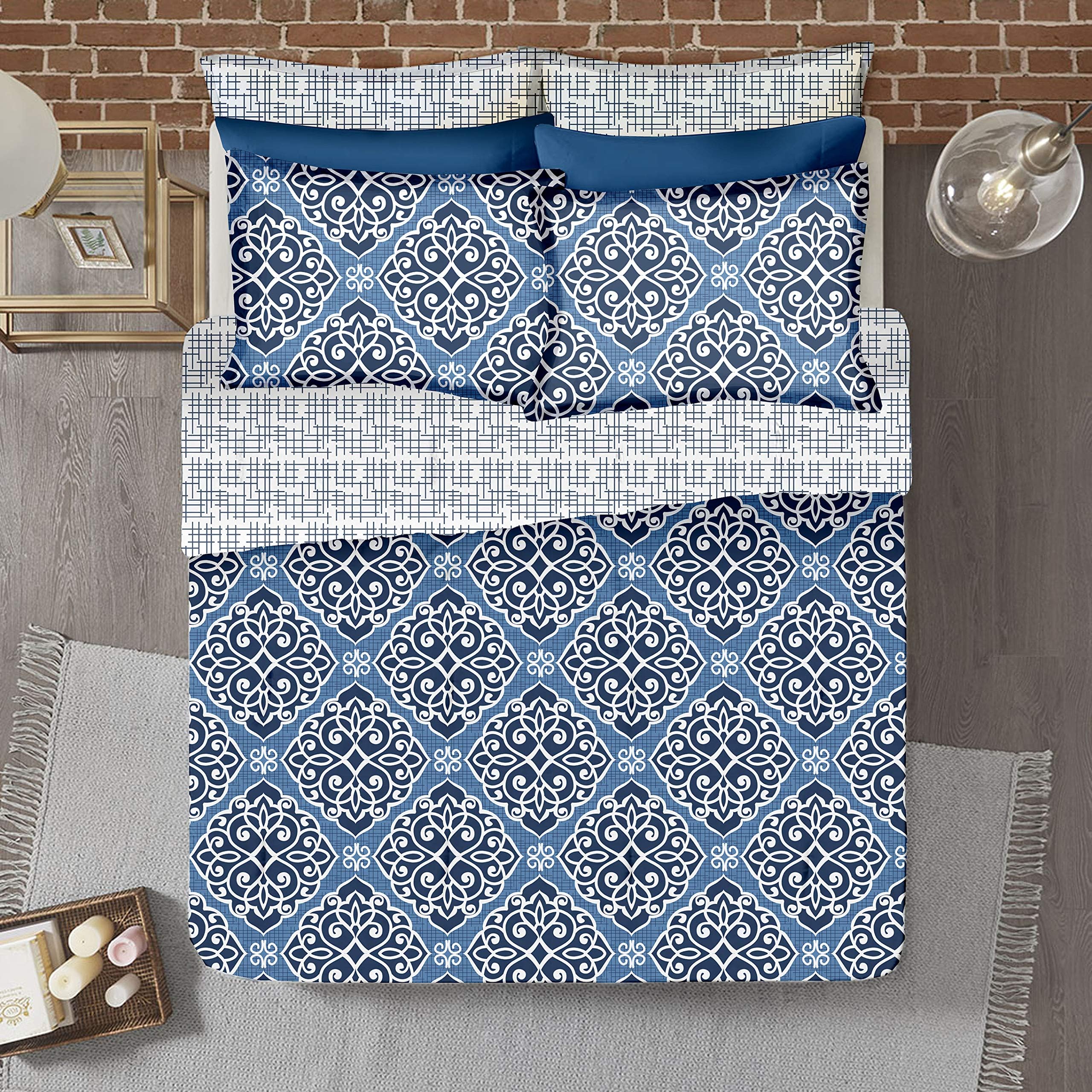 AURAVE Cotton Satin 300 TC Reversible Duvet Cover (56"x88"_Blue)