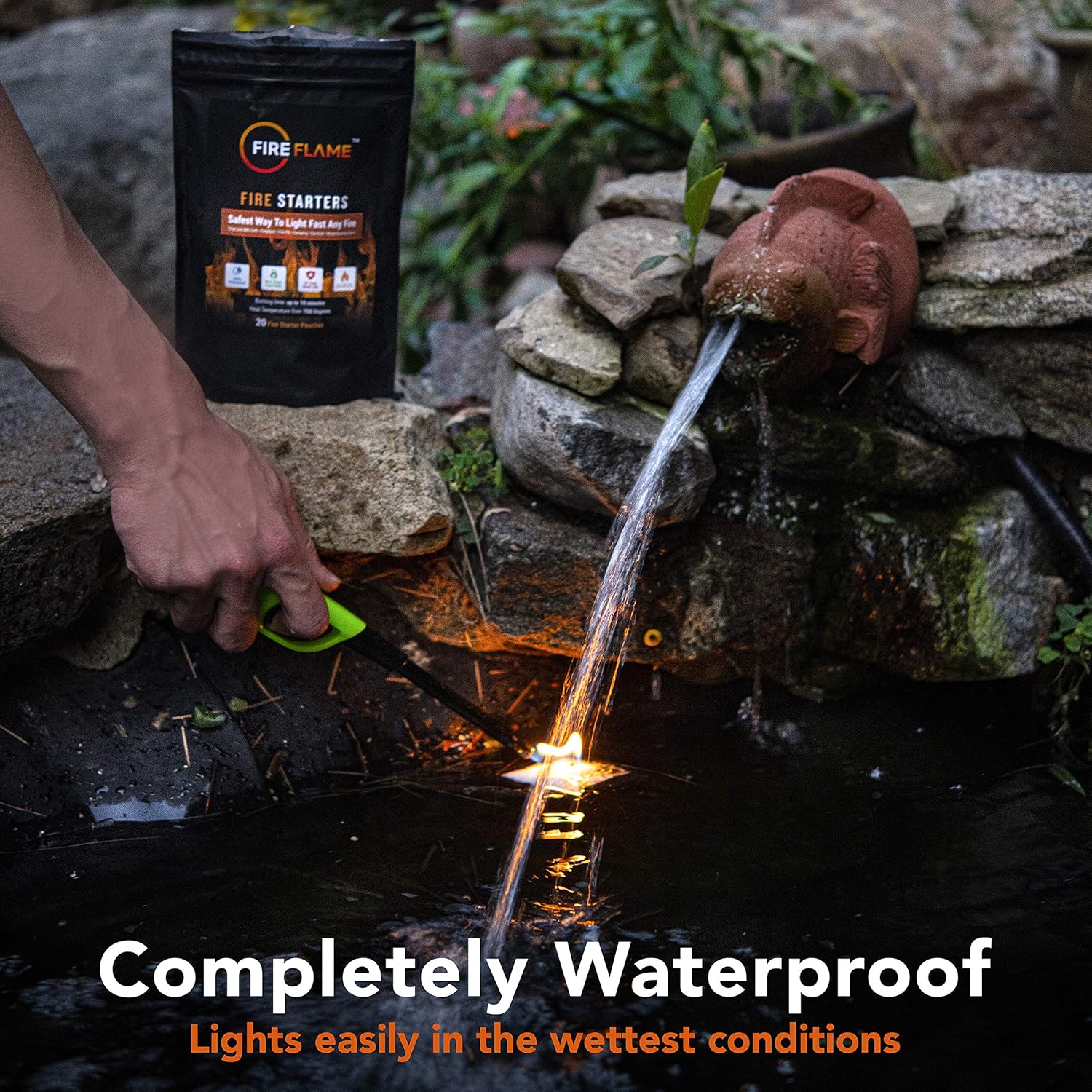 FireFlame Quick Instant Fire Starter - 100% Waterproof All-Purpose Indoor & Outdoor FireStarter, for Charcoal Starter, Campfire, Fireplace, Firepit, Smoker - Odorless and Non-Toxic - 20 Pouches in Bag: Sports & Outdoors
