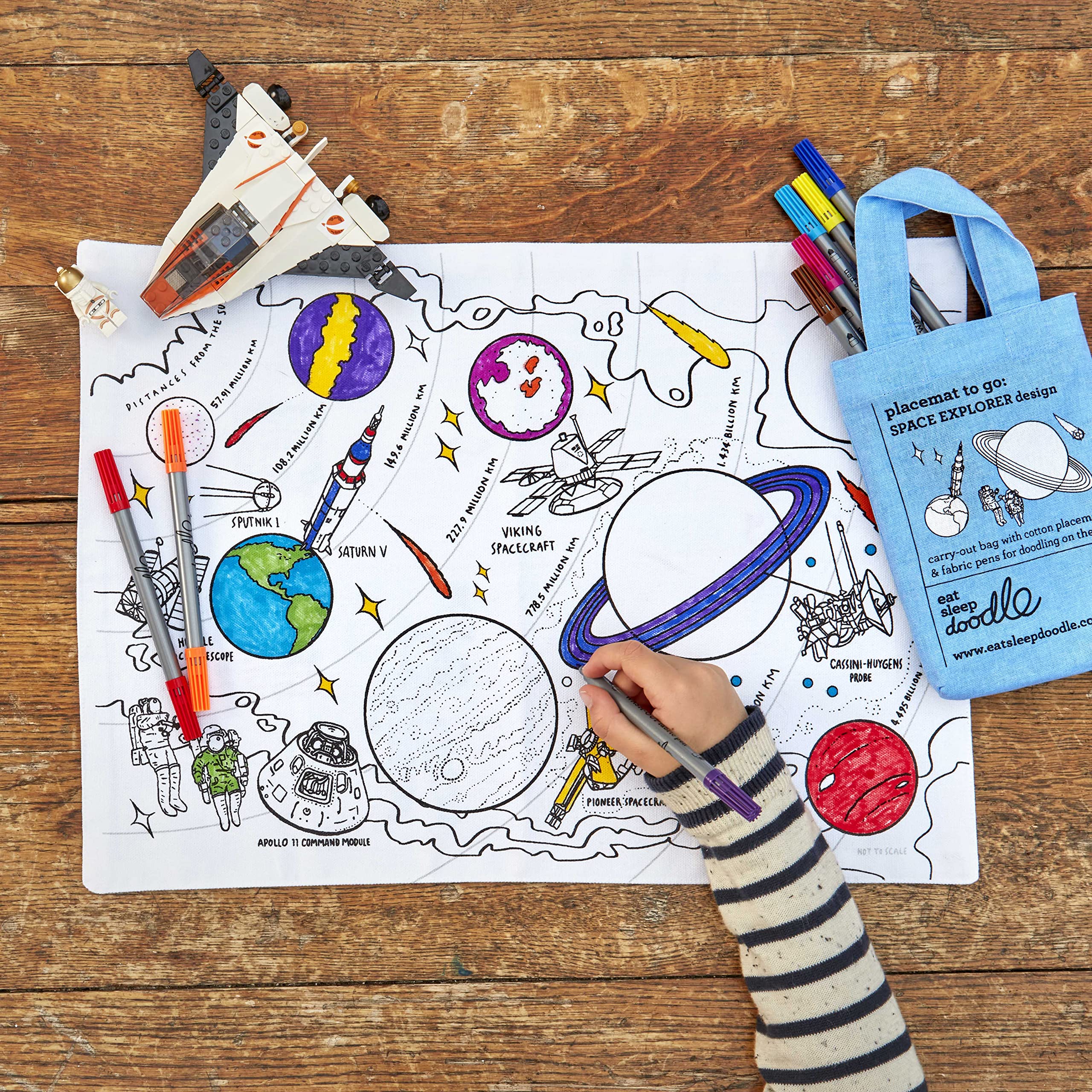 eatsleepdoodle Space, Planets and Spacecraft Cotton placemat to Color-in, Educational Solar System Coloring Placemat, Washable Felt tip Fabric Markers Included