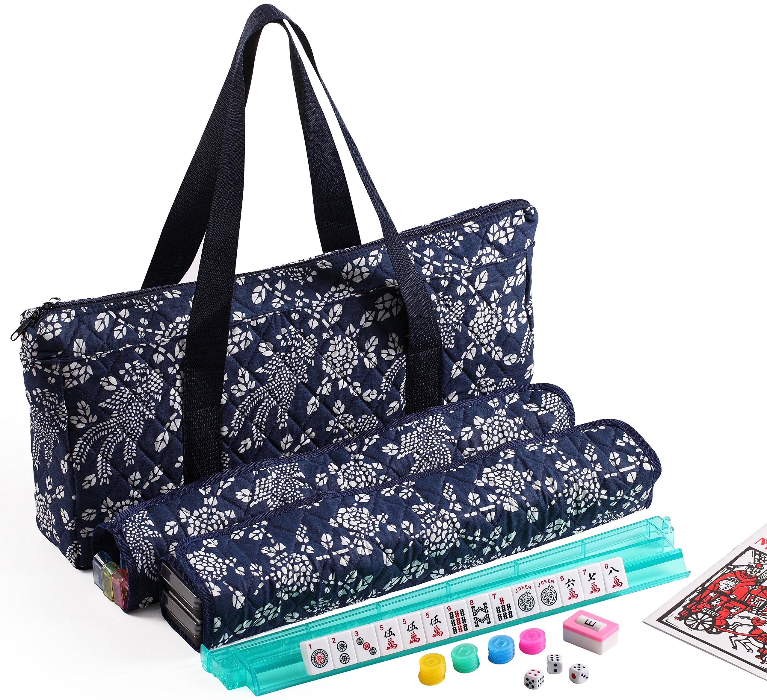 166 Tiles American Mahjong Set Blue Phoenix Soft Bag 4 Pushers/Racks