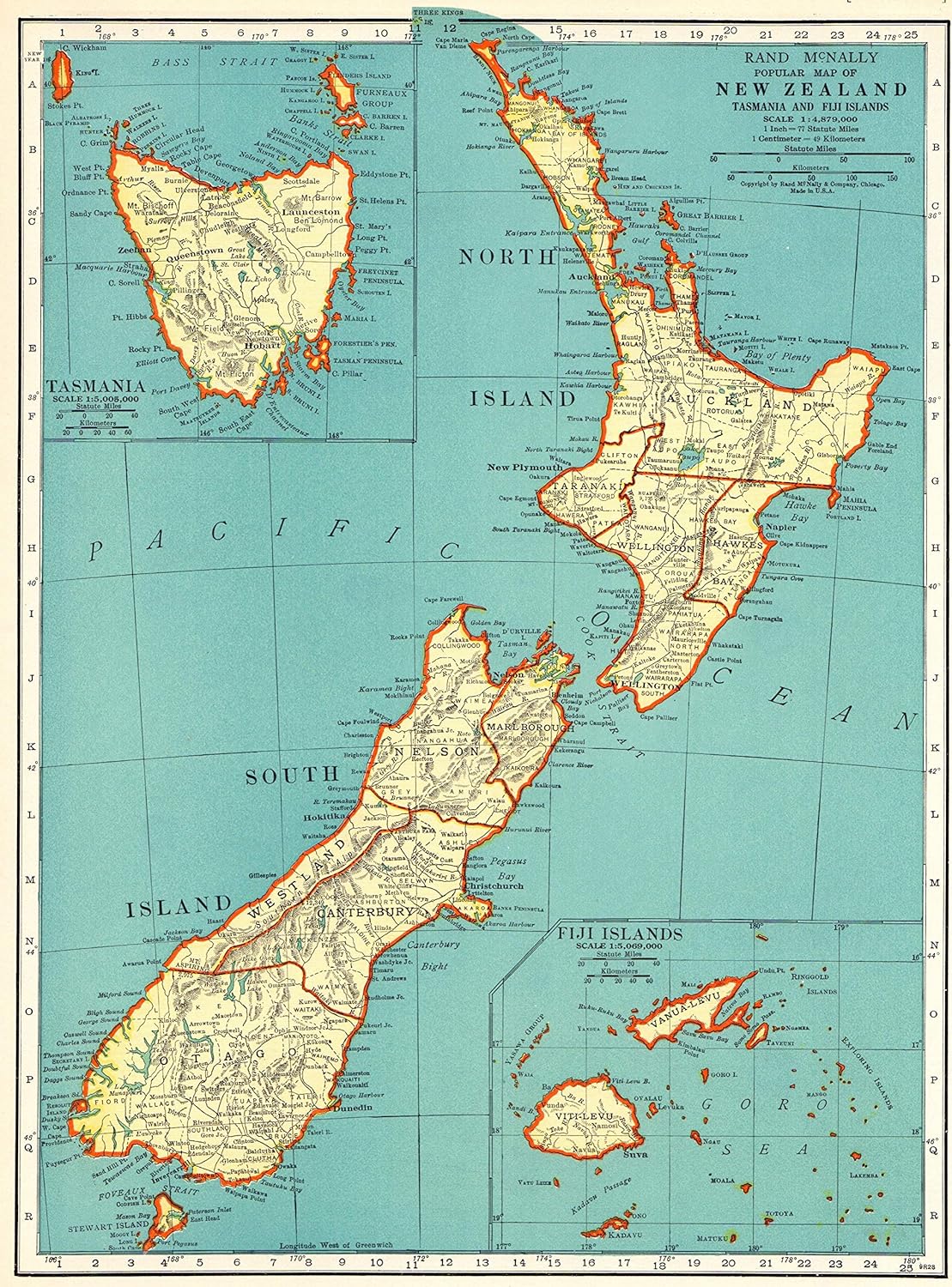 1937 Antique New Zealand Map Original Vintage Map of New