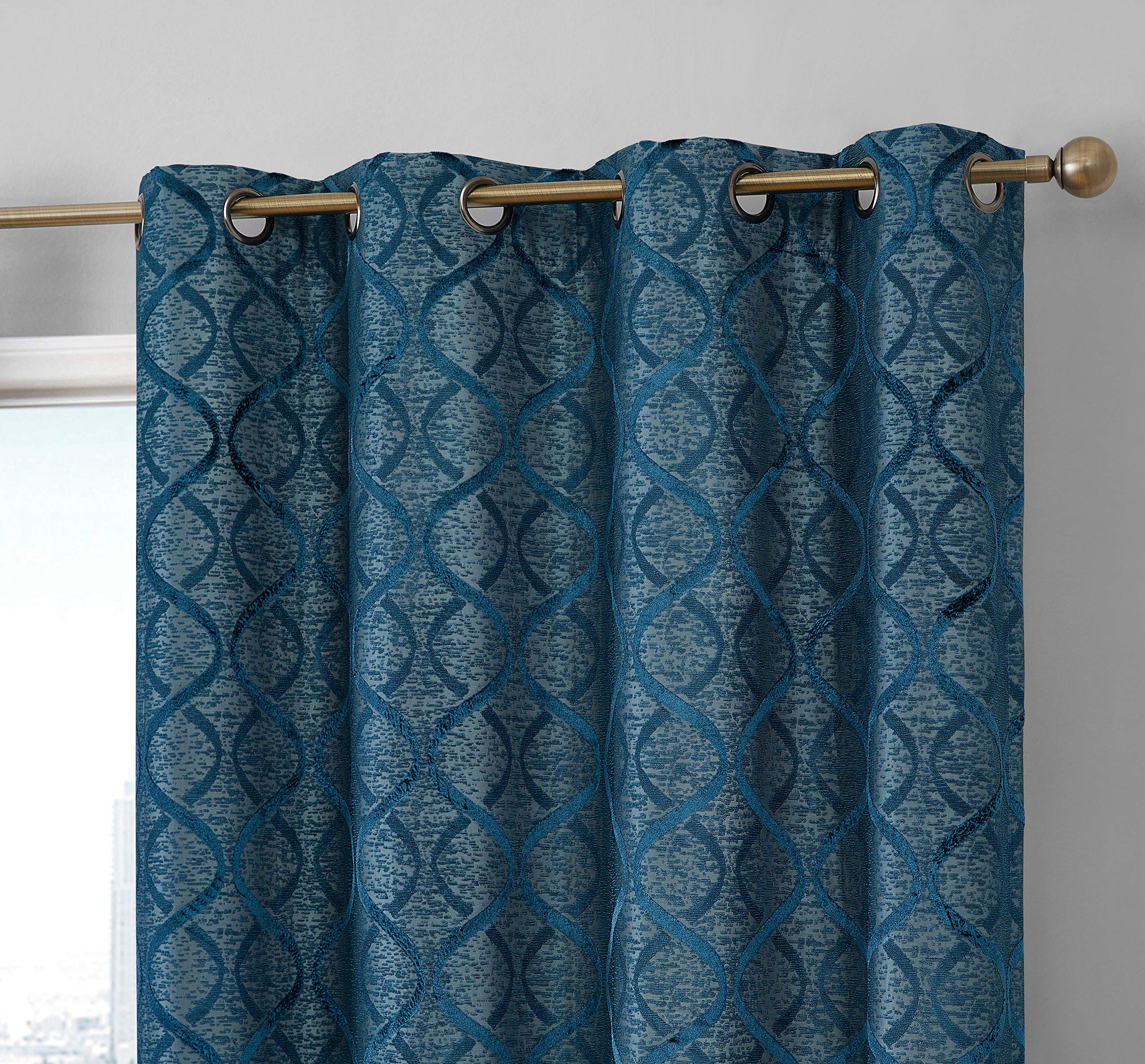 HLC.ME Versailles Lattice Flocked 100% Complete Blackout Thermal Insulated Window Curtain Grommet Panels - Energy Savings & Soundproof, for Living Room & Bedroom, Set of 2 (50 x 96 inches, Teal Blue) Image