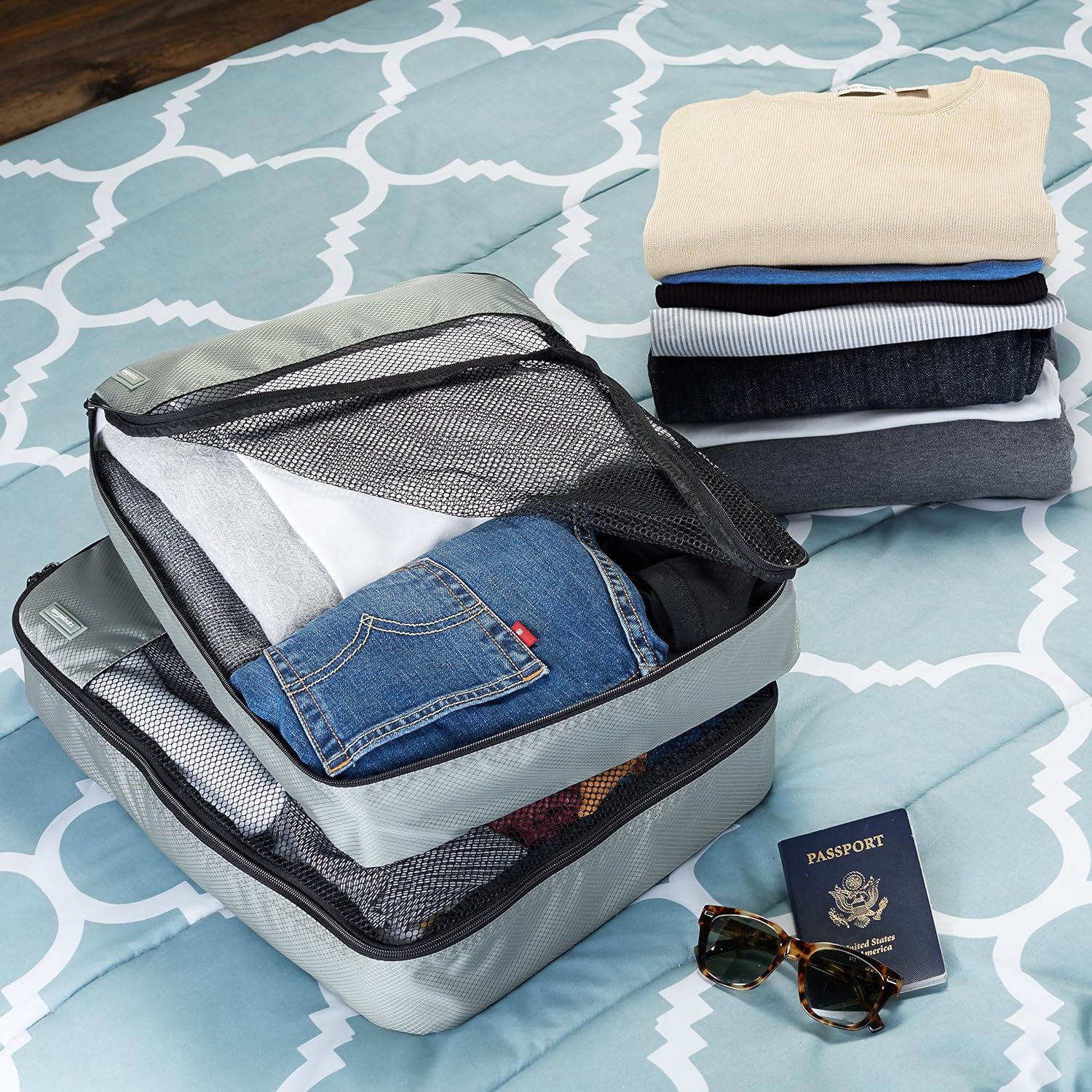  | Basics 4 Piece Packing Travel Organizer Cubes Set - Large, Grey | Packing Organizers