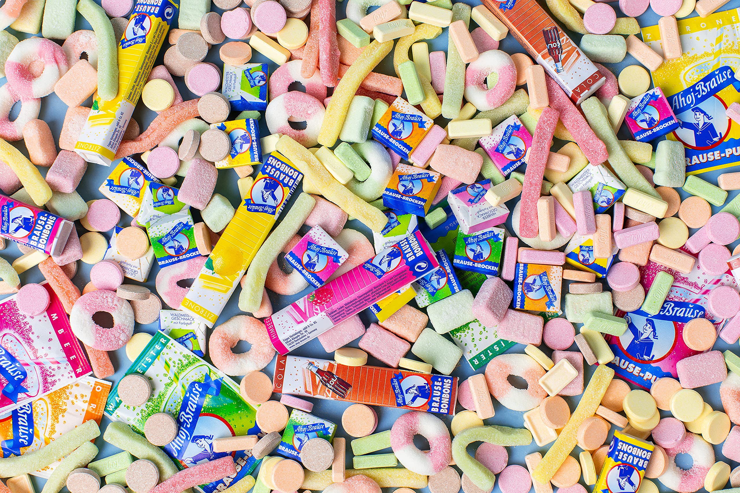 Frigeo Ahoj-Brause, Die Klassiker: runde Bonbons in den vier Geschmacksrichtungen Zitrone, Orange, Himbeere und Cola, 1000 Stück im Eimer (1,8kg) 3