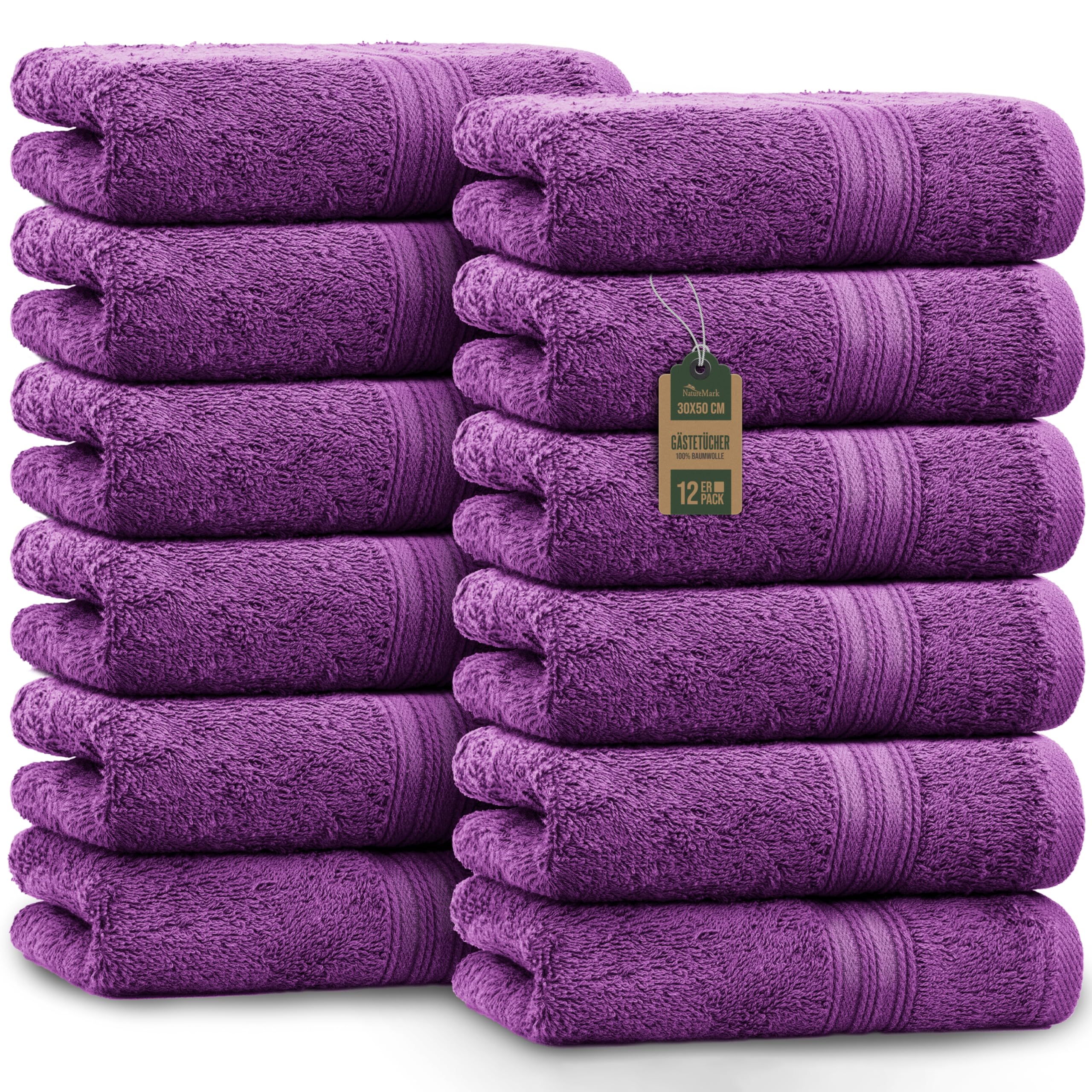 NatureMark Pack of 12 Guest Towels, 30 x 50 cm, 100% Cotton, Violet