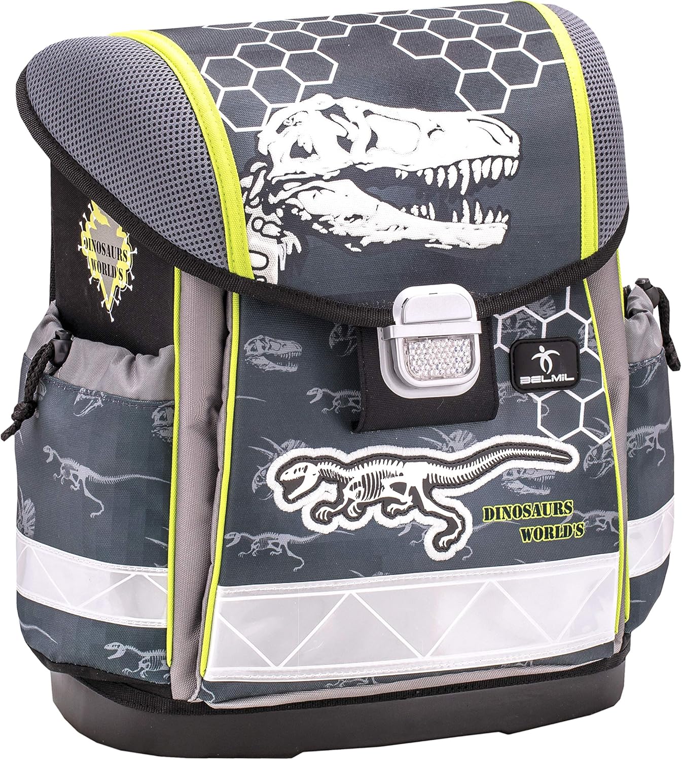Belmil Ergonomischer Schulranzen Jungen 1. klasse 2. klasse 3. klasse - Super Leicht 900-960 g/Grundschule/Dinosaurier Dino - LEUCHTET IM Dunkeln/grau (403-13 Dinosaur World)