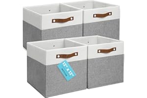OrganiHaus 12" x 12" x 12" Fabric Cube Storage Bins - Set of 4, Cube Fabric Organizer Bins with Vegan Handles, Kallax Storage Cubes, 12Inch Cubic Baskets for Shelves - Grey / White