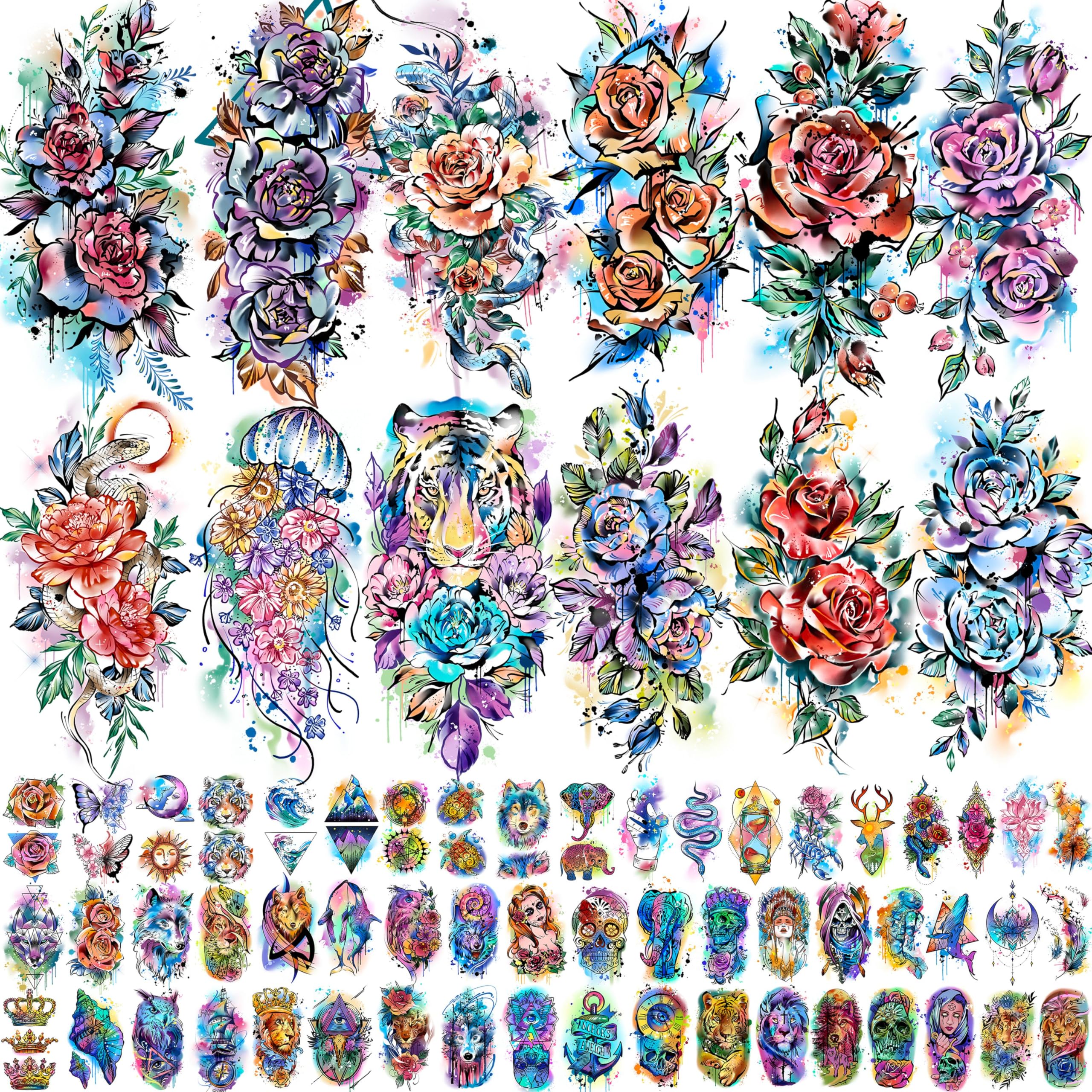 67 Sheets Watercolor Rose Flower Temporary Tattoos For Women Girls, 12 Sheets Colorful Arm Sleeve Tattoos For Adults Floral Tiger Snake, 55 Sheets Groovy Small Semi Permanent Fake Tattoos Kids Sets