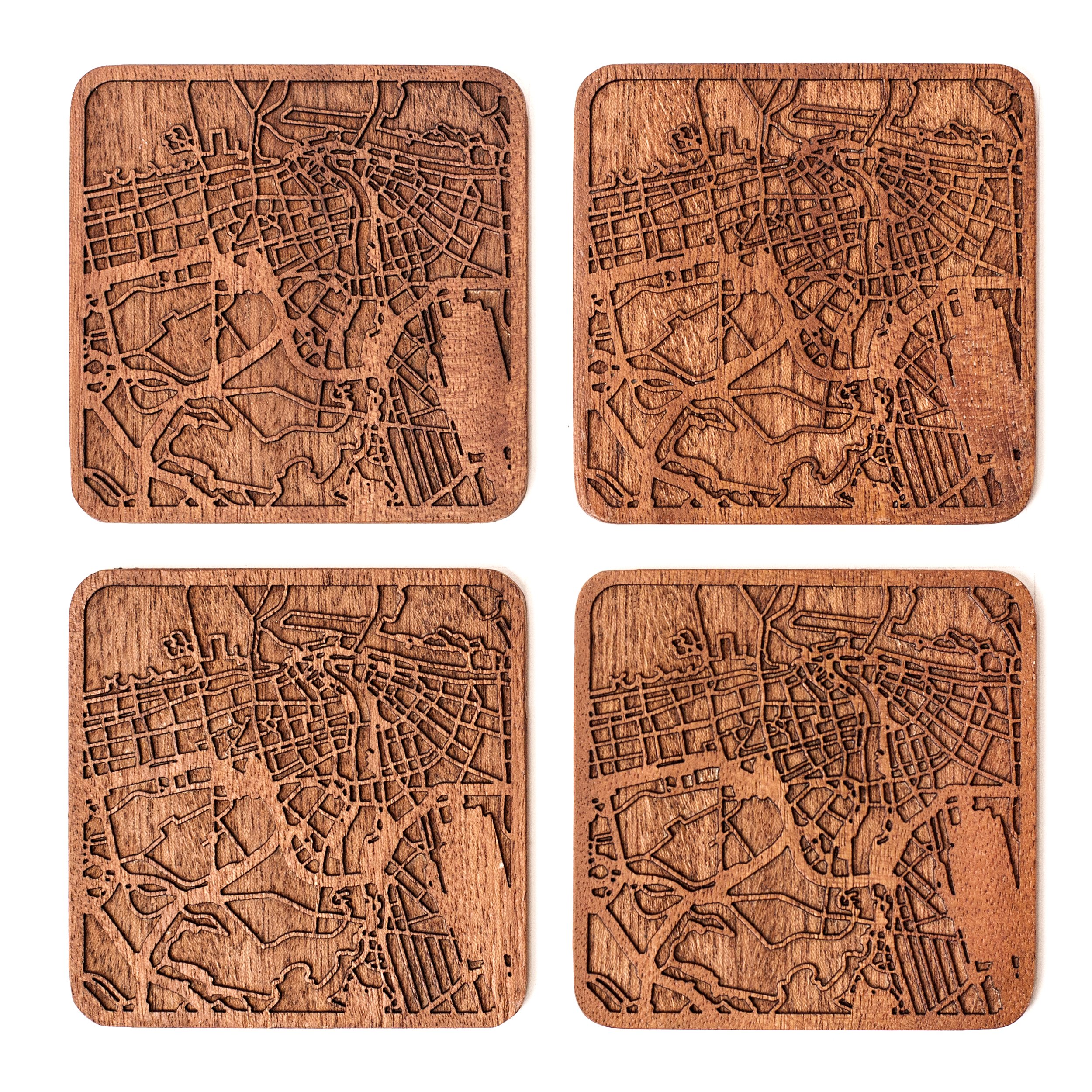 Dubai Map Coaster, Set of 4, Sapele Wooden Coaster with City Map, Handmade