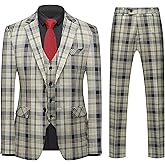 MOGU Suits for Men, 3-Piece Plaid Suit Set with Blazer, Vest and Pants for Wedding, Prom, Business