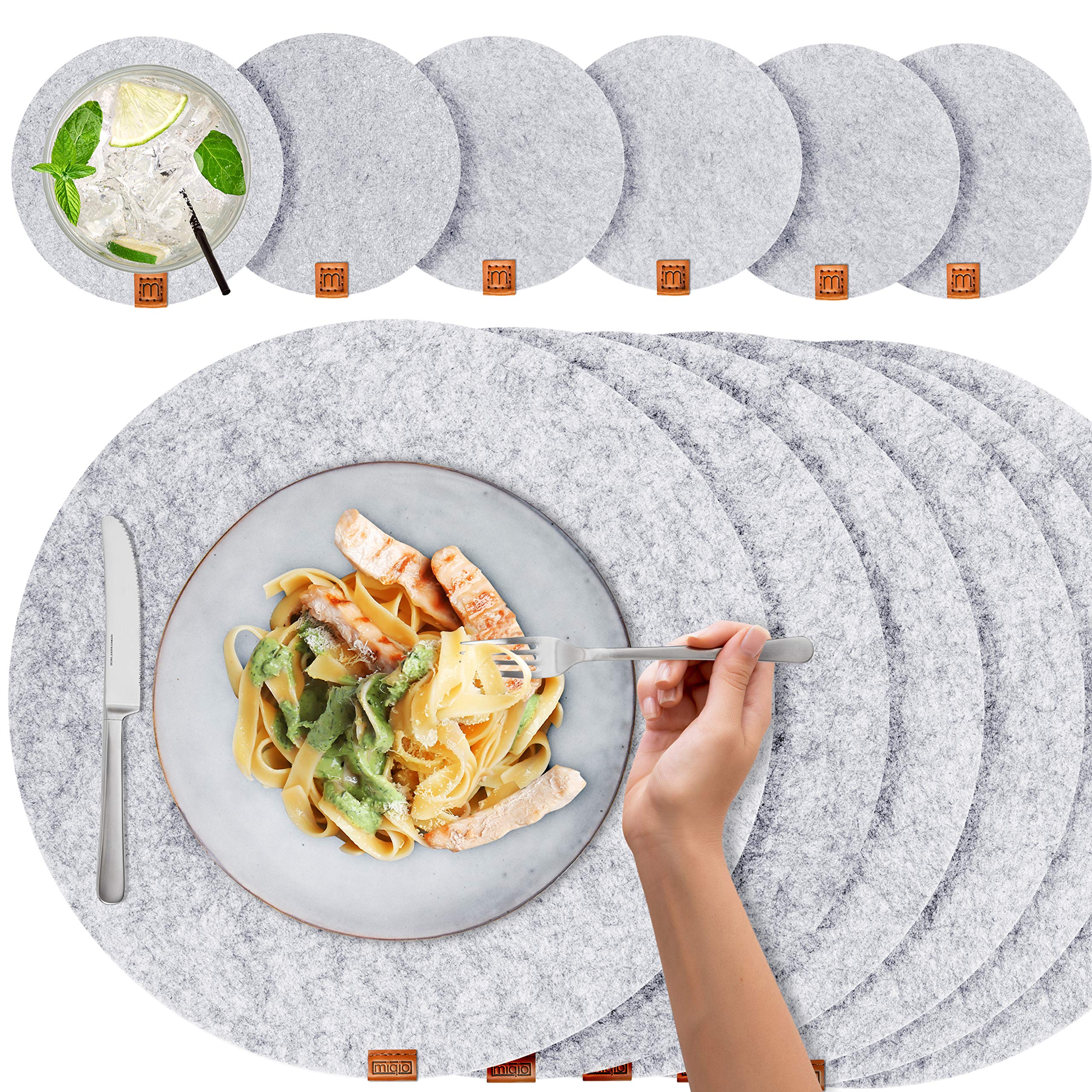 Scandi Style Felt & Leather Placemats (Round) - 4 Table Mats + 4 Glass Coaster (Light Grey Flecked with Leather Applique, 37x37 (6er Set))