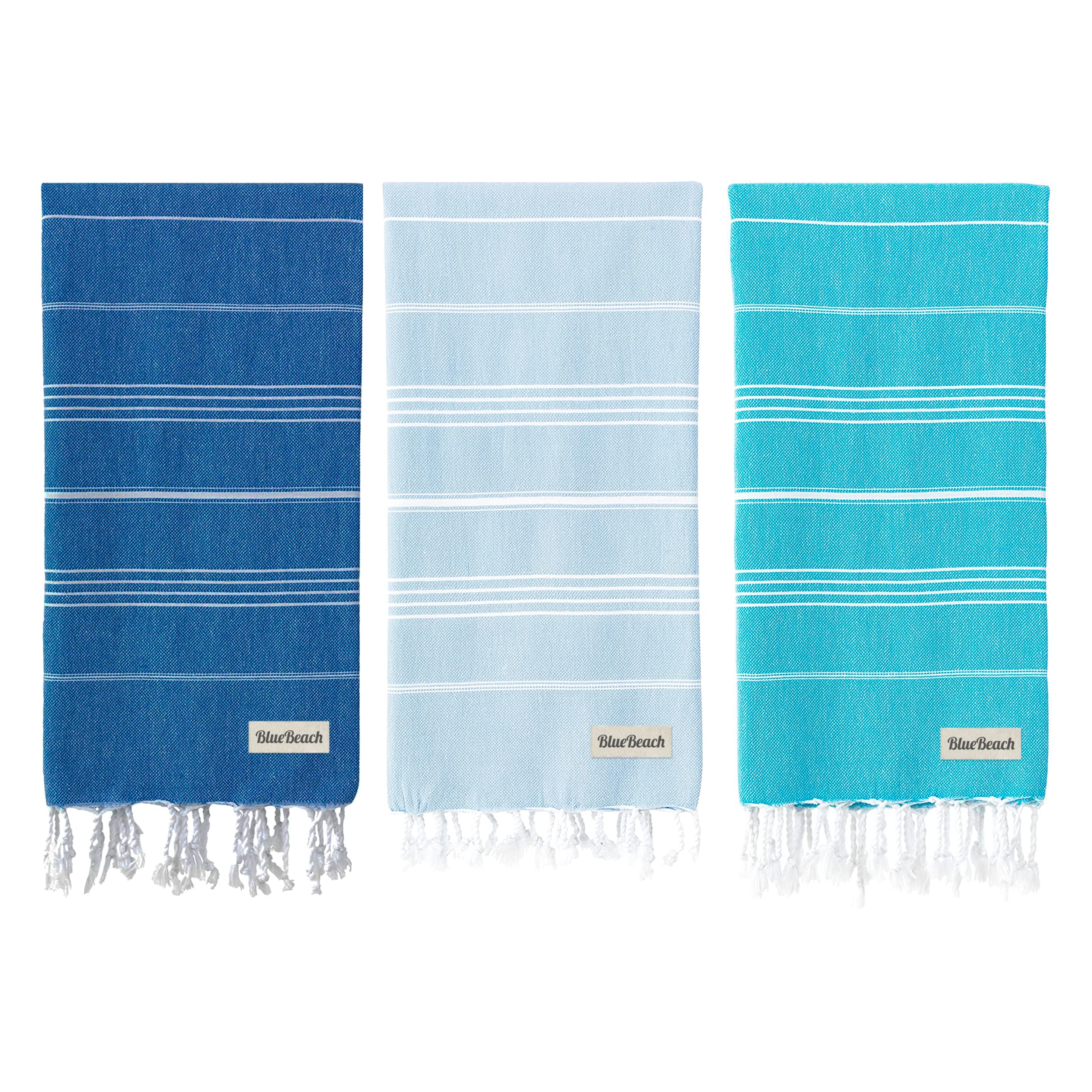 Blue Beach 3 Set Turkish Beach Towels-100x180cm Large Turkish Hammam Peshtemal Towel - Super Absorbent, Lightweight, Compact for Swimming, Bath, Gym, Sauna and Travel (Blue,Sky Blue,Turquoise) — image 1