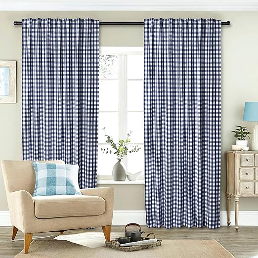 Amazon Com Gingham Check Window Curtain Panel 100 Cotton Navy