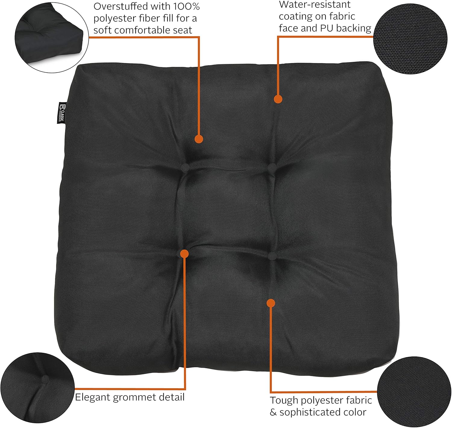 Classic Accessories Water-Resistant Square Patio Seat Cushions, 19 x 19 x 5 Inch, 2 Pack, Black : Garden & Outdoor
