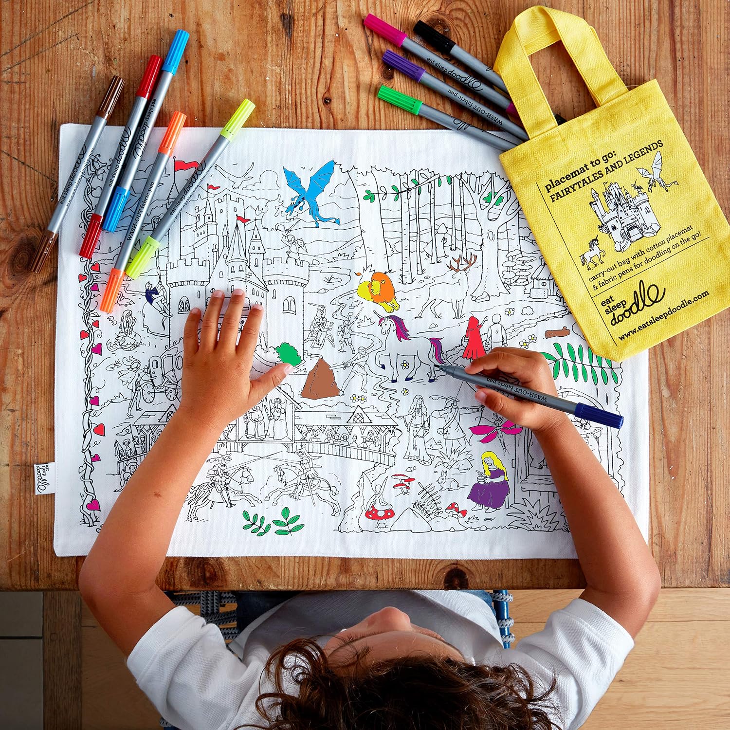 eatsleepdoodle Colouring Placemat For Kids w/ 10pk Washable Markers For Kids, 33x47cm Fairytale Colouring Placemat - Image 4