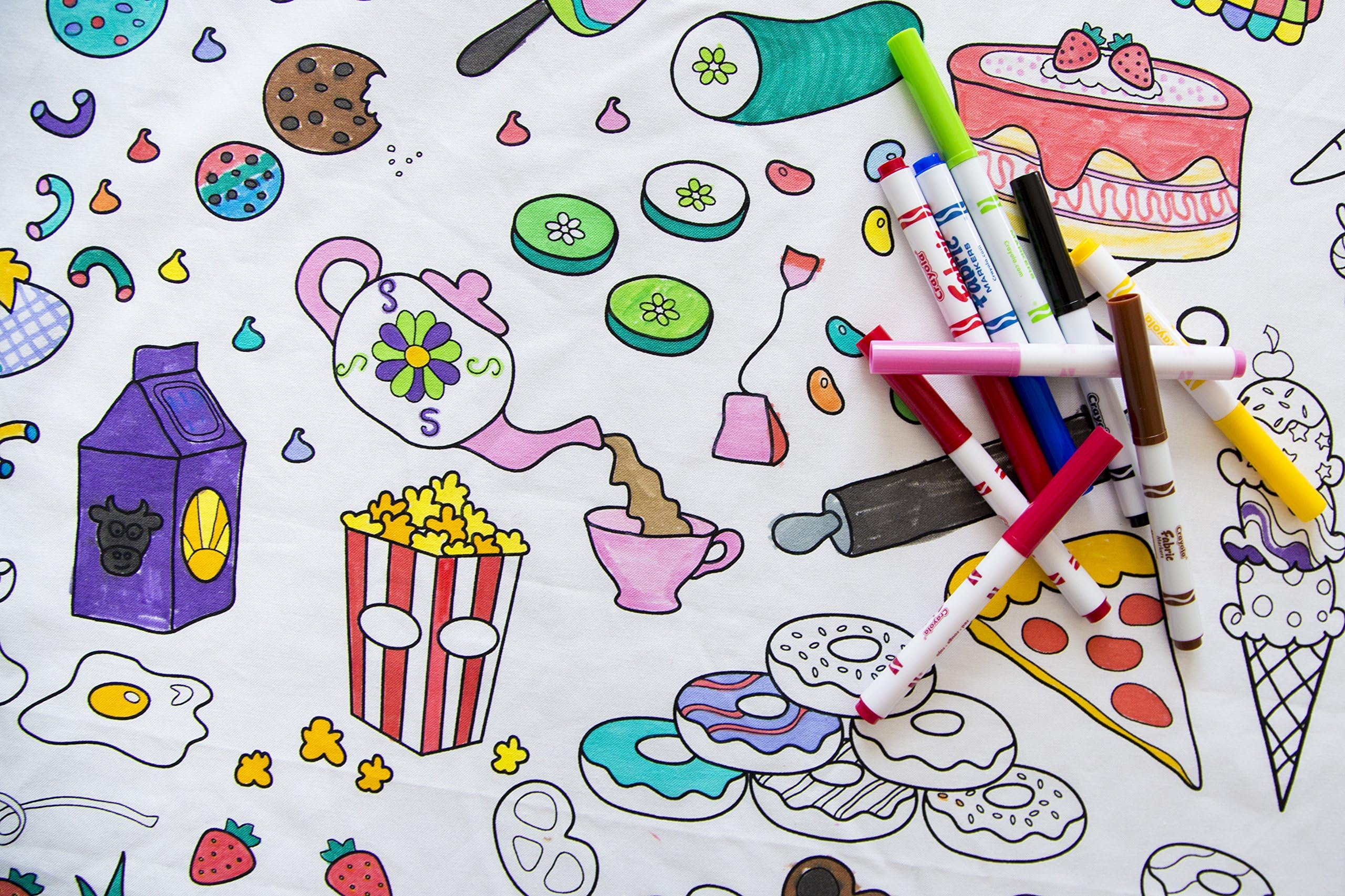 – Food Fun Design – Rectangle Tablecloth – Fabric Coloring Tablecloth – Colorable Designs – Washable and Reusable – Coloring Activity for Children and Adults