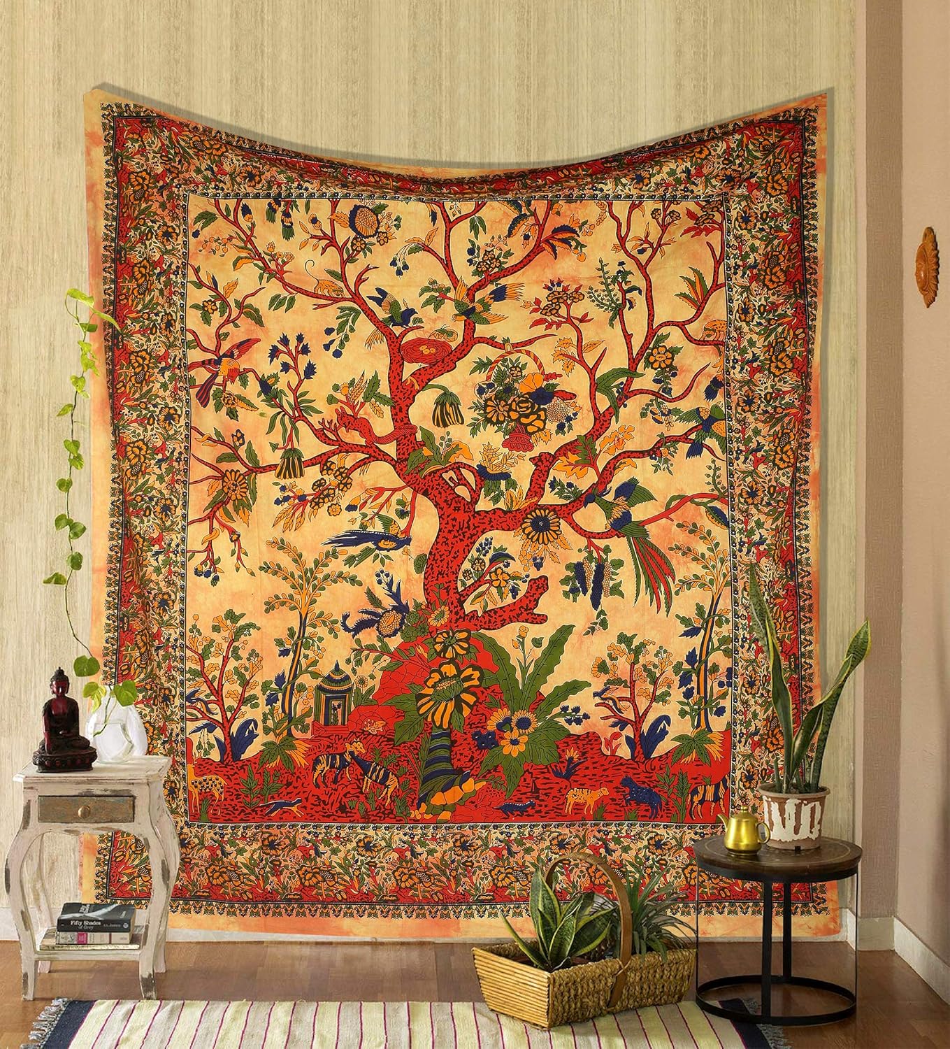 Tapestries - THE ART BOX Tapestry Yellow Orange Tree of Life Wall Hanging Psychedelic Tapestries Indian Cotton Twin Bedspread Picnic Sheet Wall Decor Blanket Wall Art Hippie Bedroom Décor (Twin, 82x54 Inch)