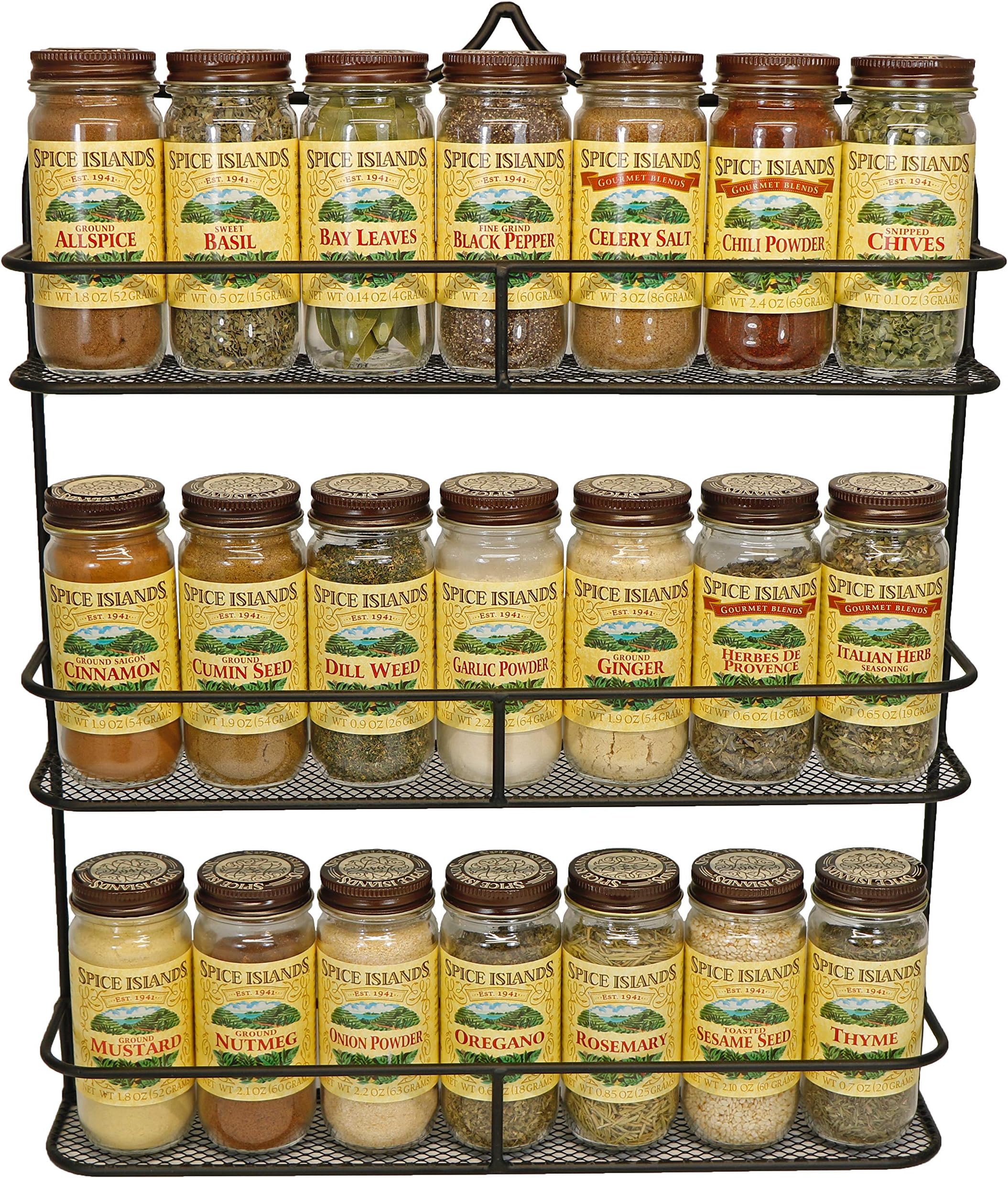 Clarabel 3 Tier Wall Mount Spice Rack Storage Organizer by KitchenEdge, Holds 21 Spice Jars and Bottles, Black