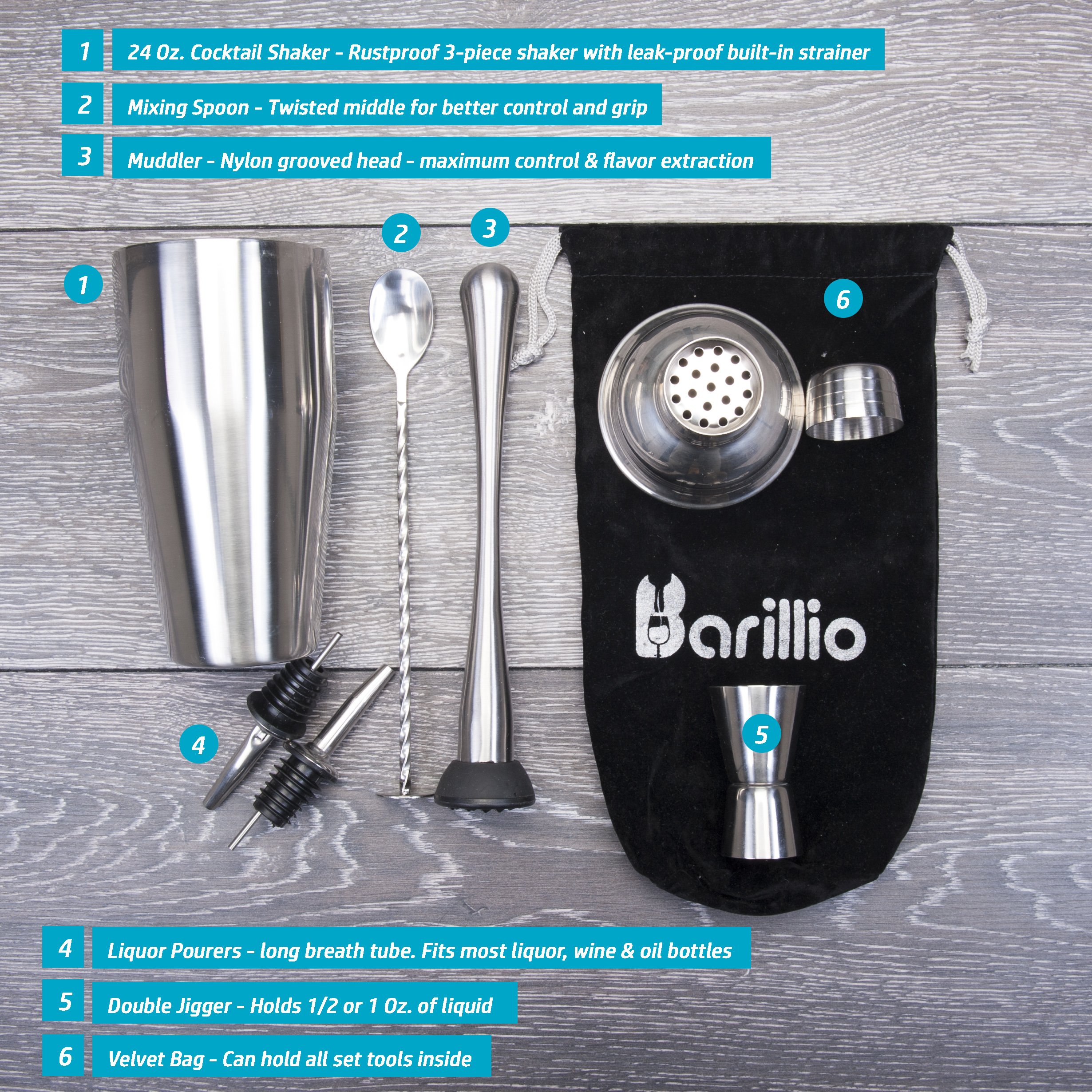 Elite Cocktail Shaker Set Bartender Kit by BARILLIO 24 oz Stainless
