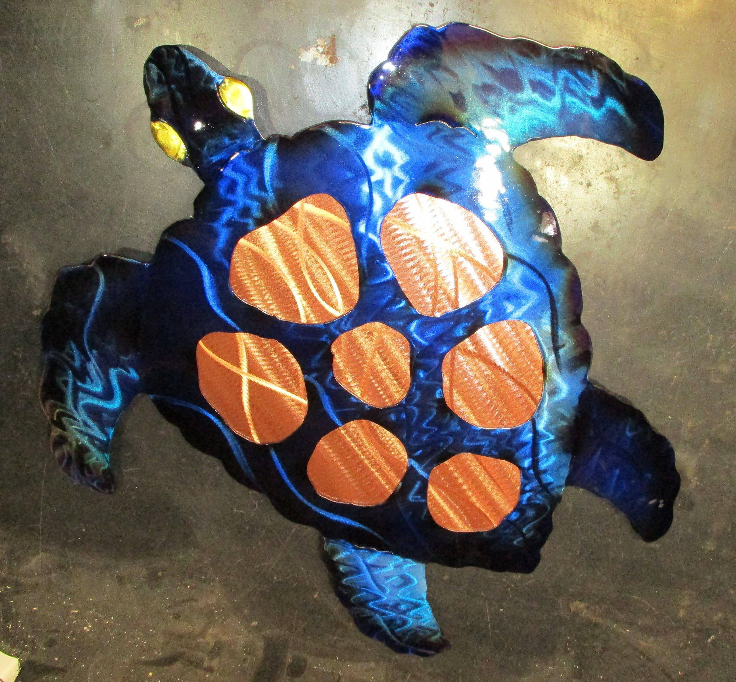 Hawaiian Sea Turtle metal abstract wall décor, with copper shell inlay and dripped bronze eye's.