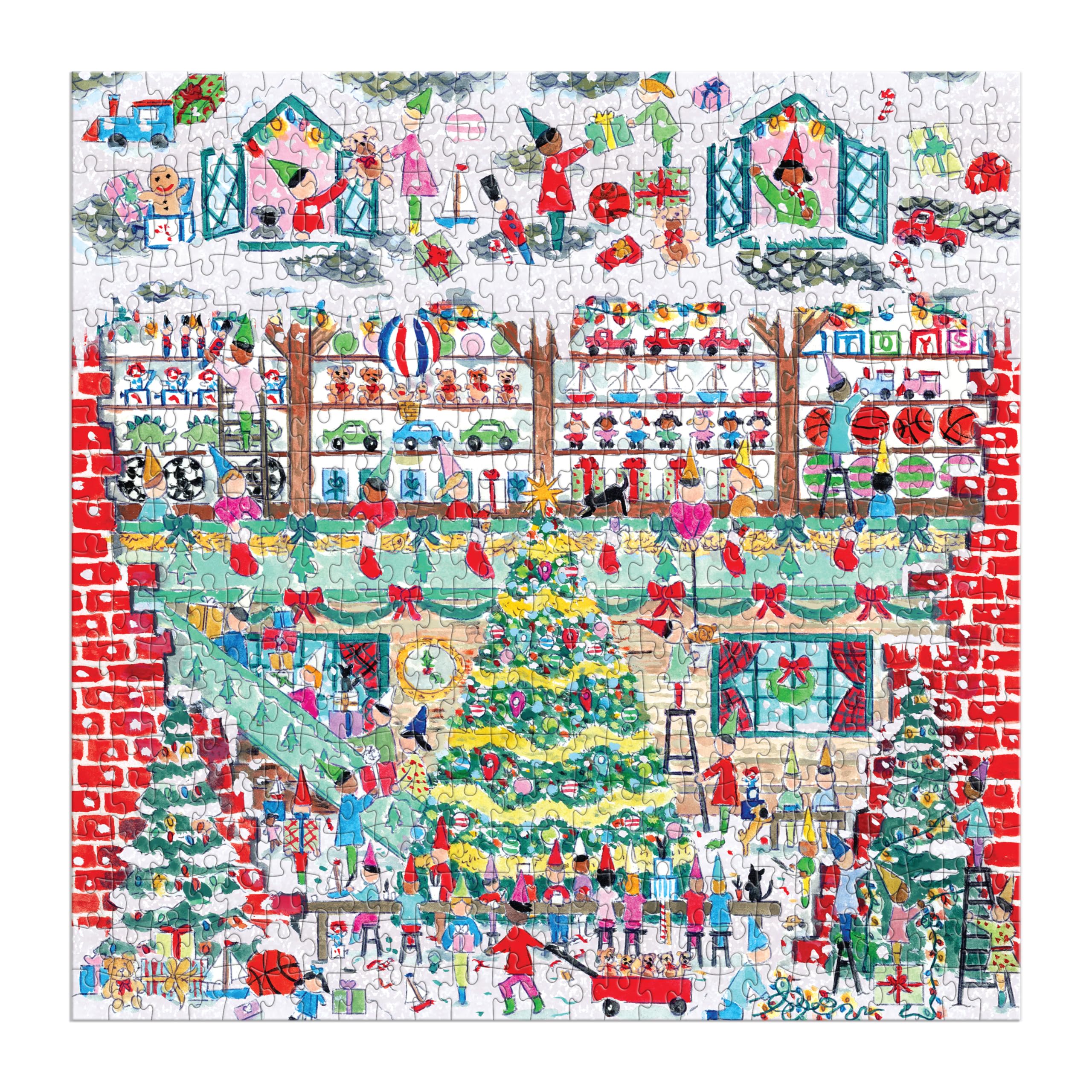 Galison Toy Workshop – 500 Piece Michael Storrings Foil Jigsaw Puzzle Featuring Beautiful Artwork of A Christmas Toy Workshop with Frosty Foil Accents