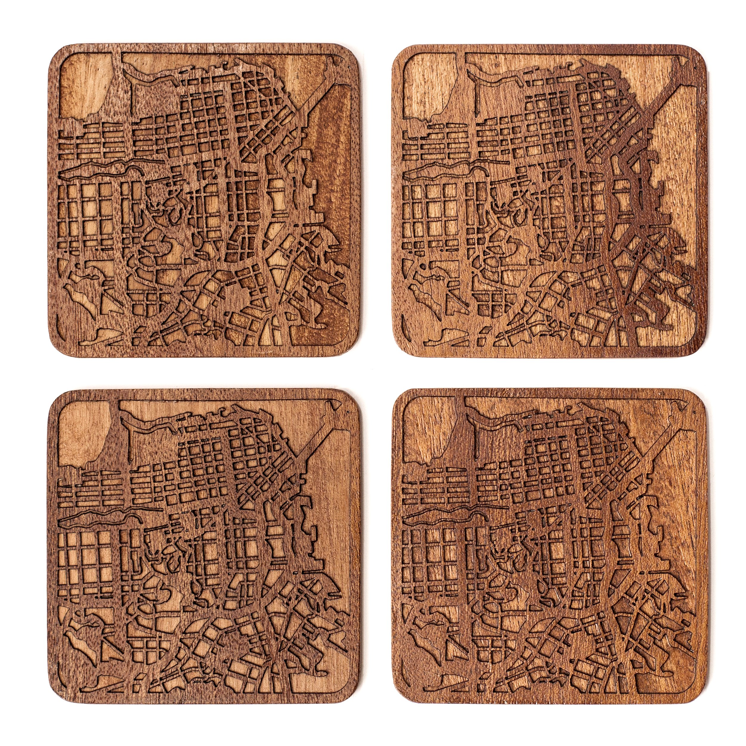 San Francisco Map Coaster, Set of 4, Sapele Wooden Coaster with City Map, Handmade