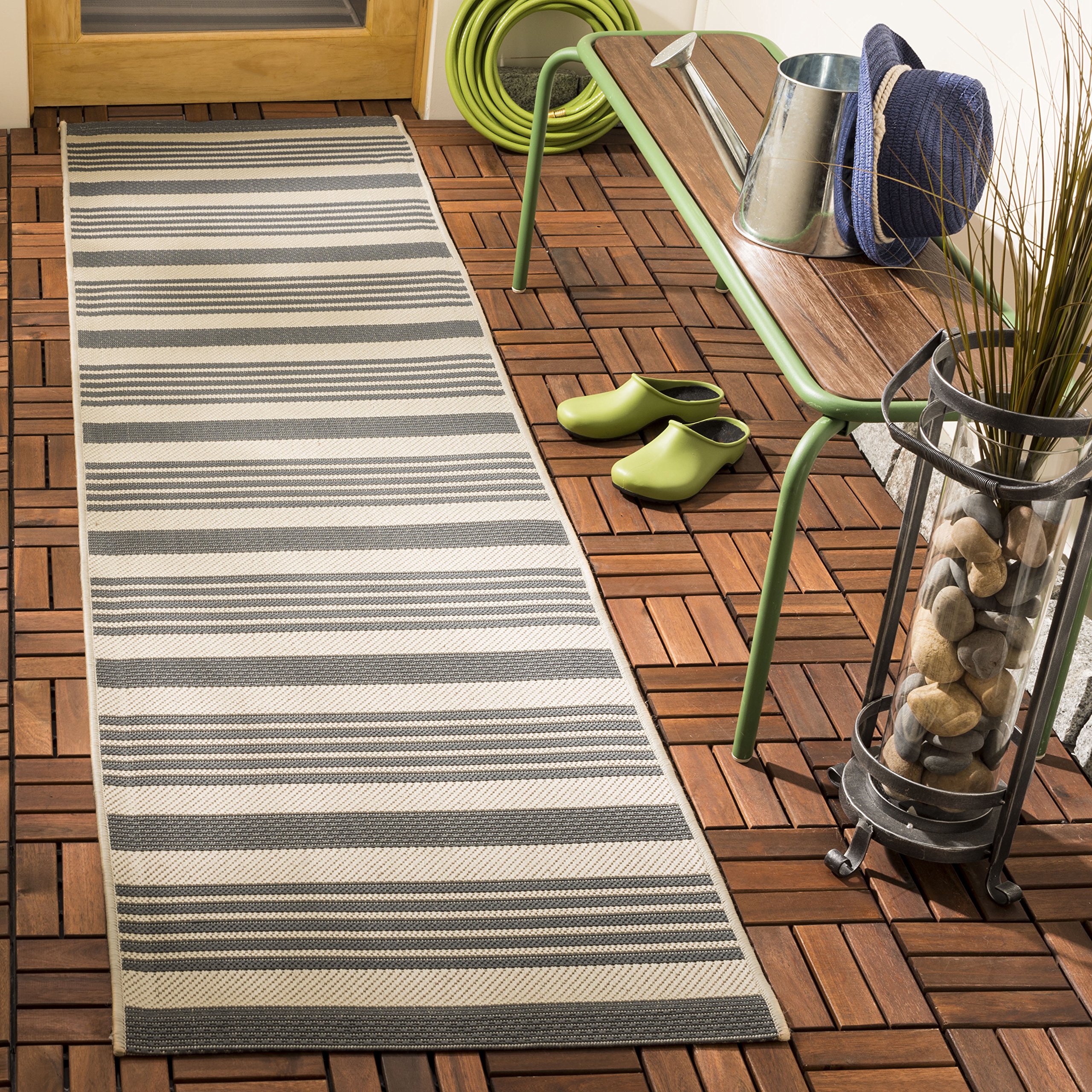 Safavieh Striped Indoor/Outdoor Woven Runner Area Rug, Courtyard Collection, CY6062, in Grey / Bone, 69 X 244 cm for Garden, Patio or Any Outdoor Space