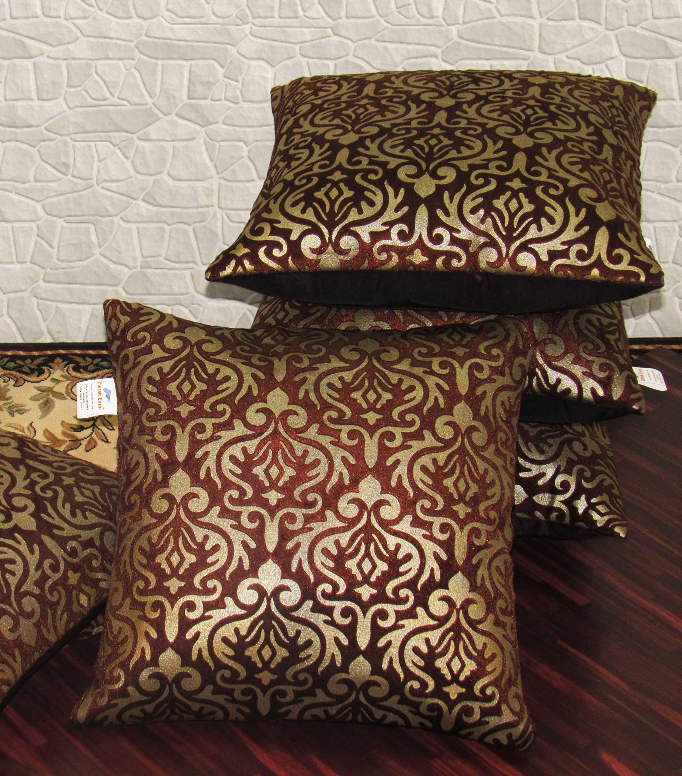 Zikrak Exim Set of 5 Golden Printed Brown Cushion Covers 40X40 cm