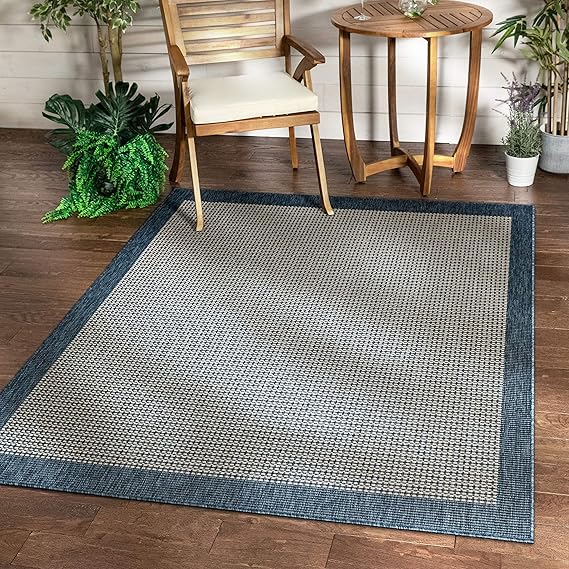 Well Woven Woden Blue Indoor/Outdoor Flat Weave Pile Solid Color Border Pattern Area