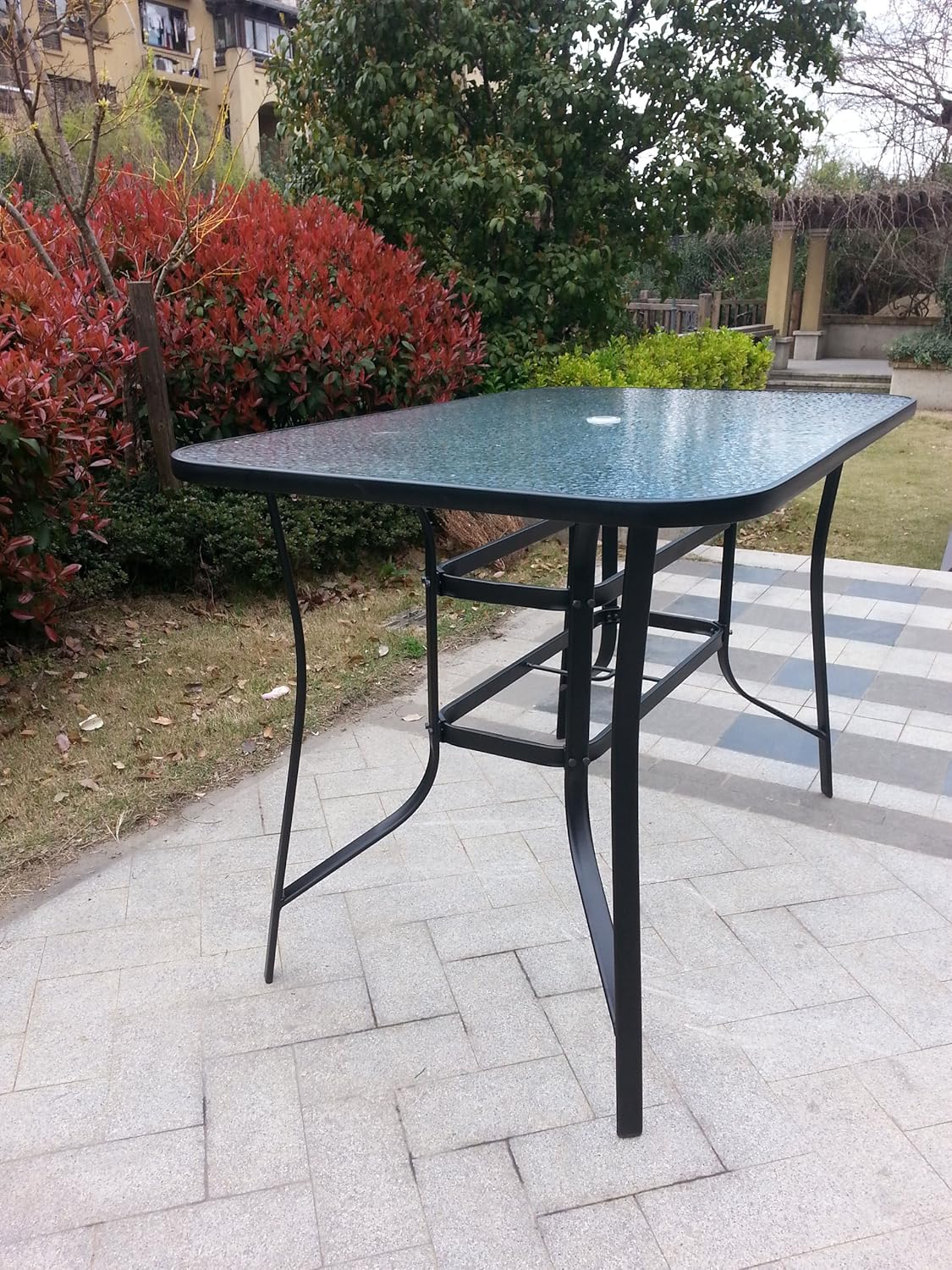 cosco outdoor living paloma steel patio dining chairs light gray sling on Amazon Com Pebble Lane Living All Weather Rust Proof Indoor Outdoor Cast Aluminum Tempered Glass Top Patio Bar Dining Table With Umbrella Hole Fits Up To 6 Chairs Black 60 W X 38 D