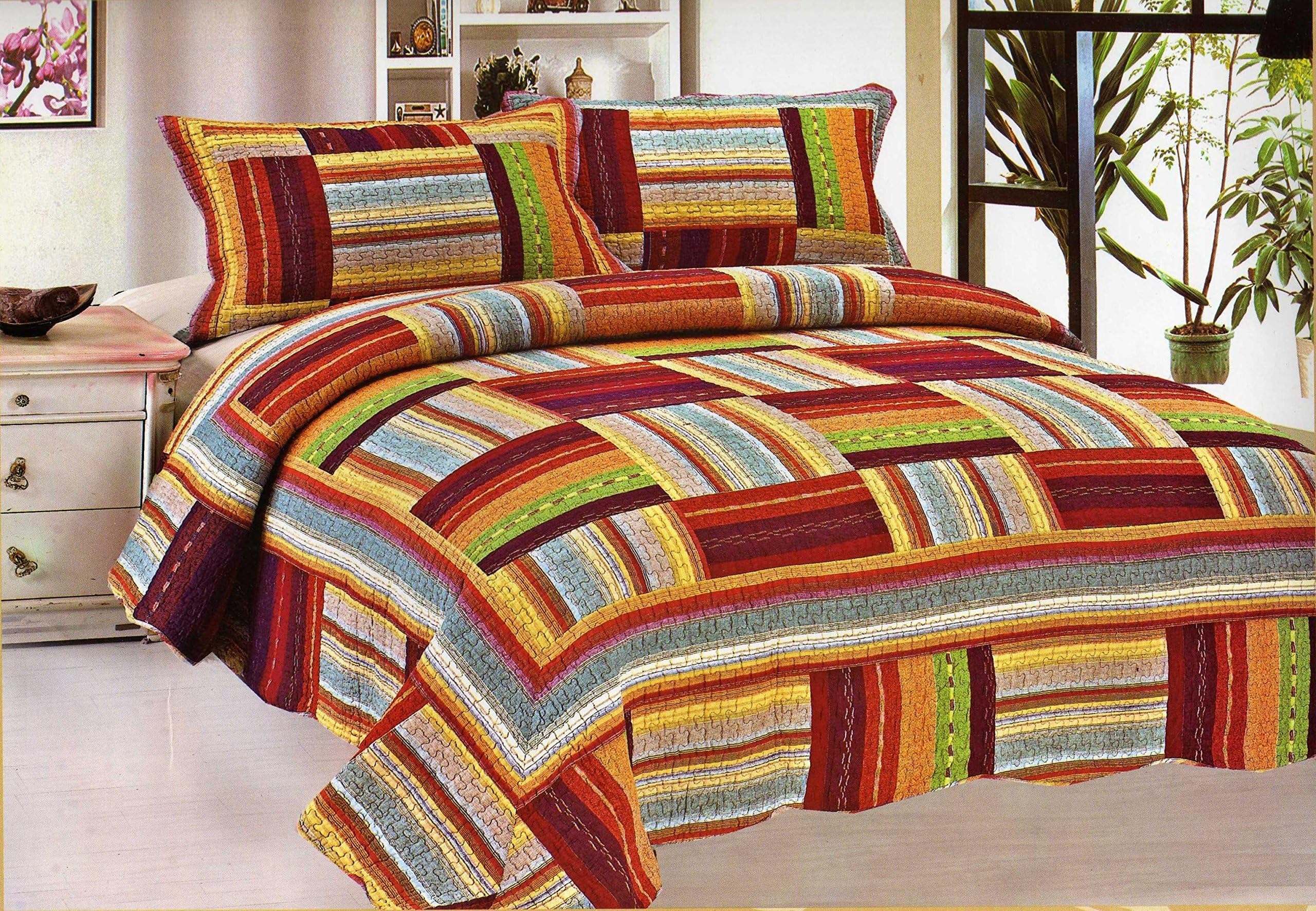 Sedona multi color Cotton 3-piece Reversible Quilt Bedspread Bed Cover Coverlet Set