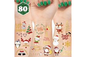 BESTUS Christmas Party Supplies Temporary Tattoos Glitter & Metallic Designs. Face Tattoos For Kids and Adults. Merry Christmas Favors Gifts Bag Stuffers, Class Prizes Stocking, Santa, Snowman, Gingerbread